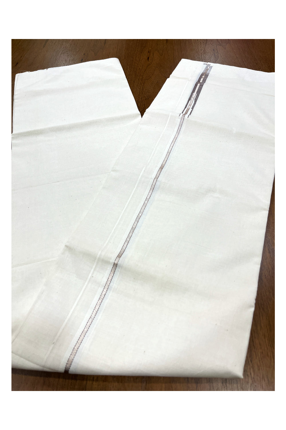 Pure Cotton Double Mundu with Silver Kasavu and Brown Puliyilakkara Border (South Indian Kerala Dhoti)