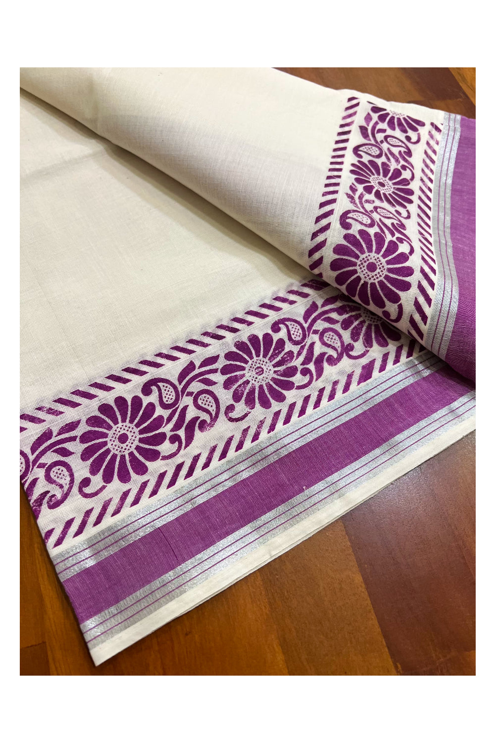 Kerala Pure Cotton Set Mundu Single (Mundum Neriyathum) with Black Block Prints on Magenta Border and Silver Kasavu - 2.80Mtrs (Vishu 2024 Collection)
