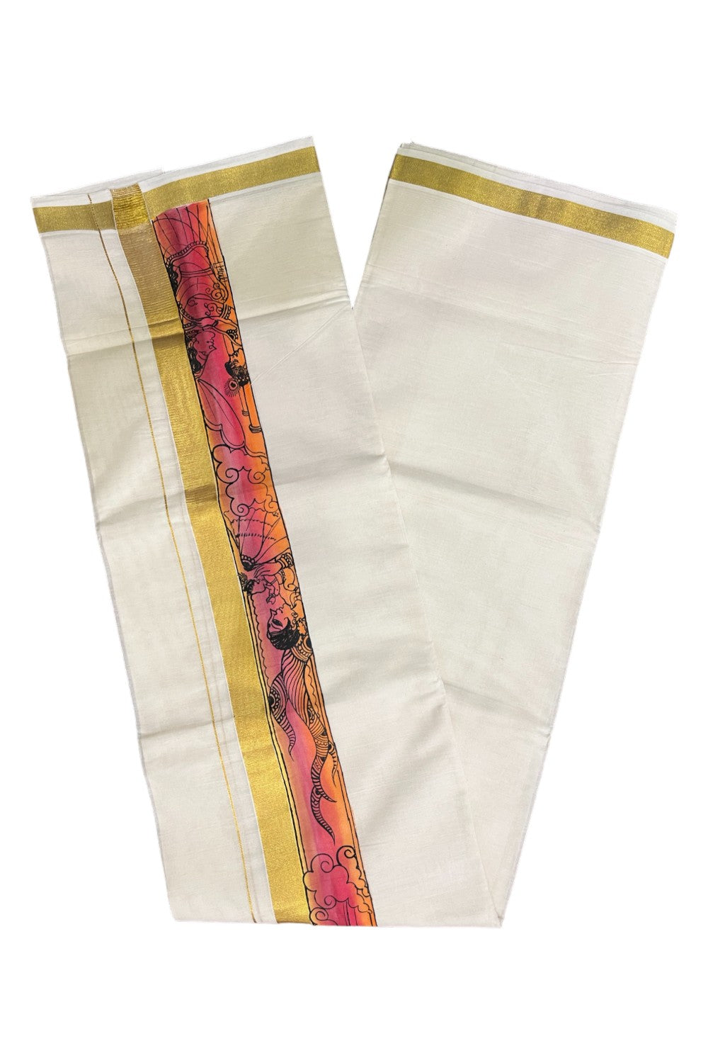 Kerala Pure Cotton Double Mundu with Mural Hand Painted Design on Kasavu Border (South Indian Kerala Dhoti)