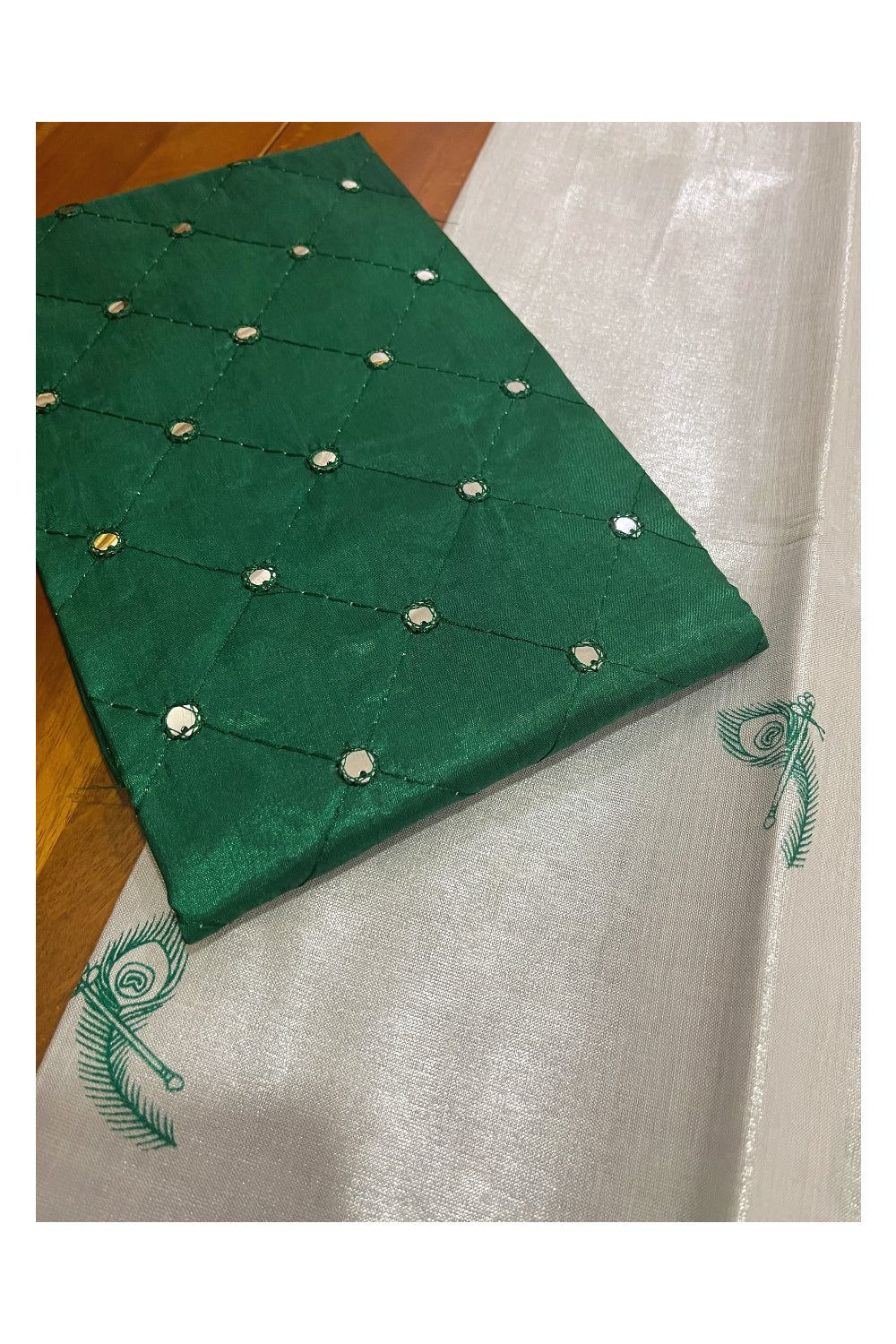 Kerala Silver Tissue Block Printed Pavada and Green Designer Blouse Material for Kids/Girls 4.3 Meters