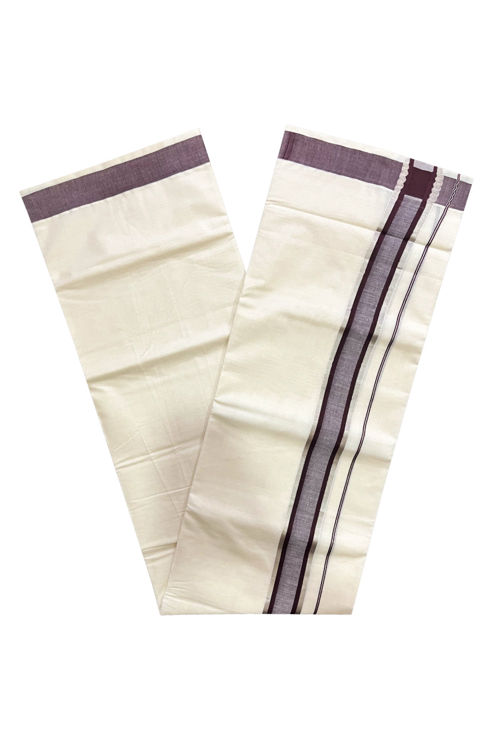 Kerala Cotton Off White Double Mundu with Silver Kasavu and Brown Border (South Indian Kerala Dhoti)