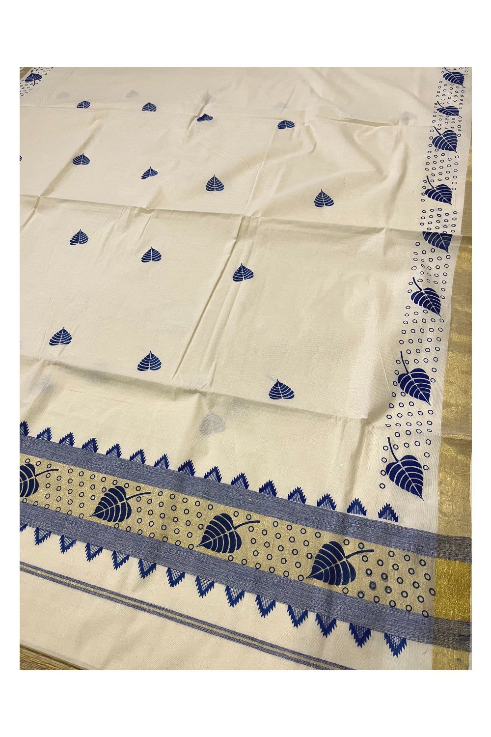 Kerala Cotton Saree with Blue Block Prints on Kasavu Border