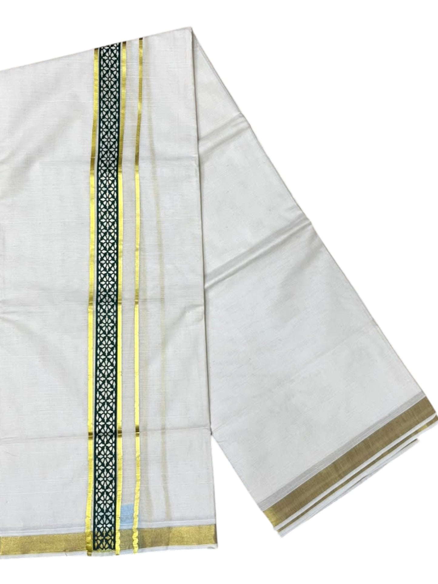 Southloom Pure Cotton Double Mundu with Green Block Printed And Ksavu Border (South Indian Kerala Dhoti)
