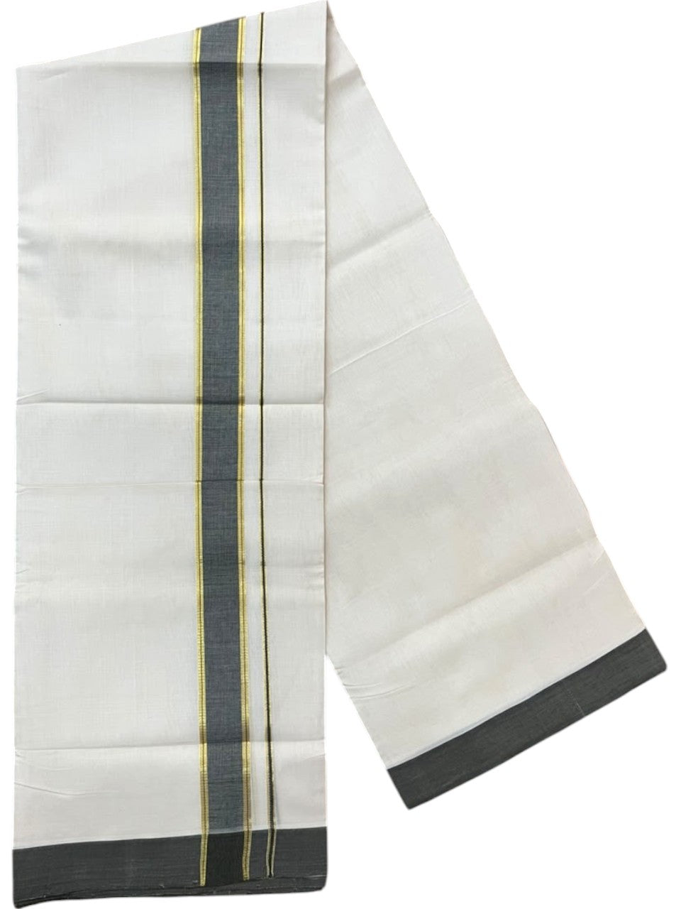 Southloom Balaramapuram Unakkupaavu Premium Handloom Cotton Double Mundu with Gold Kasavu and Gray Border