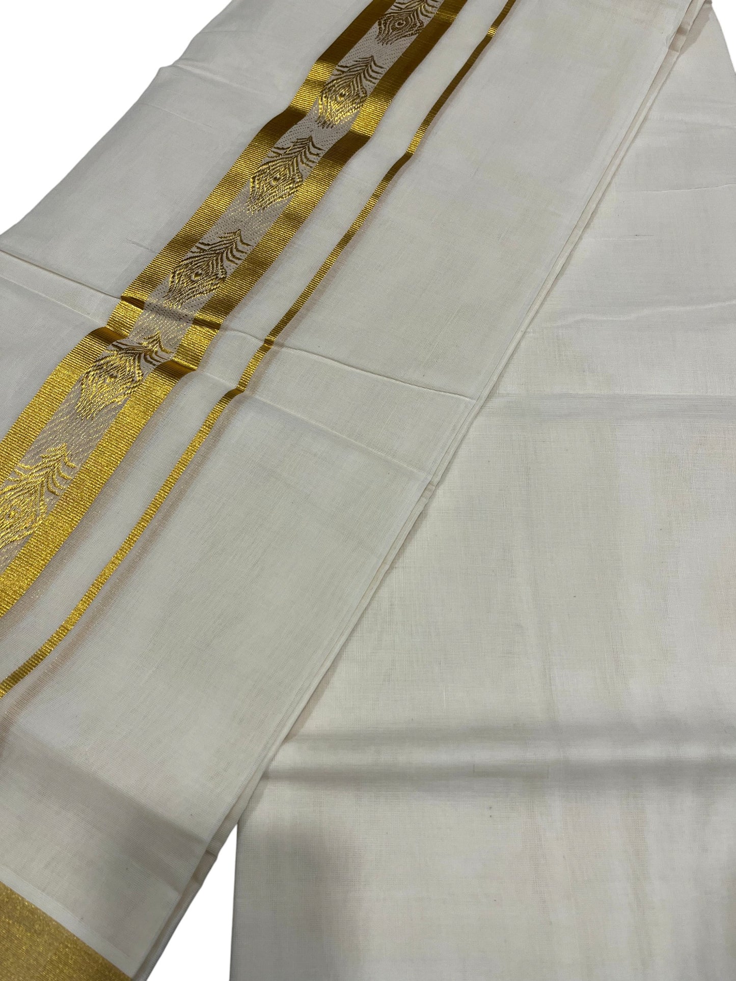 Southloom Premium Handloom Cotton Double Mundu with Gold And Woven Work Kasavu Border