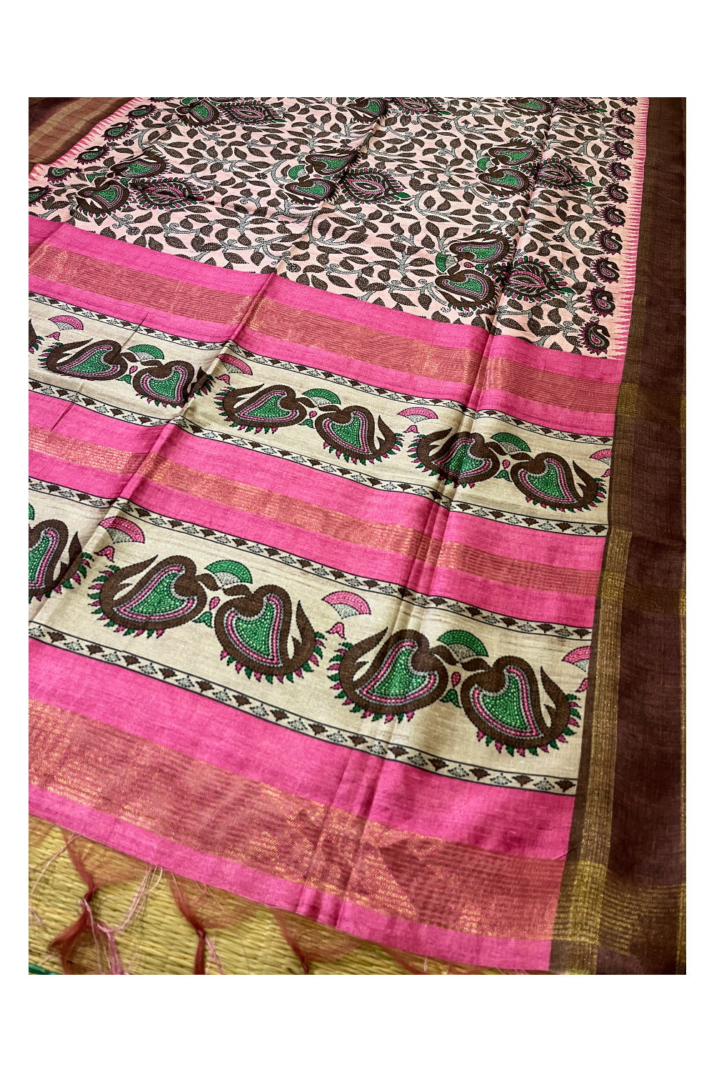 Southloom Semi Tussar Pink and Brown Designer Saree with Floral Woven Works