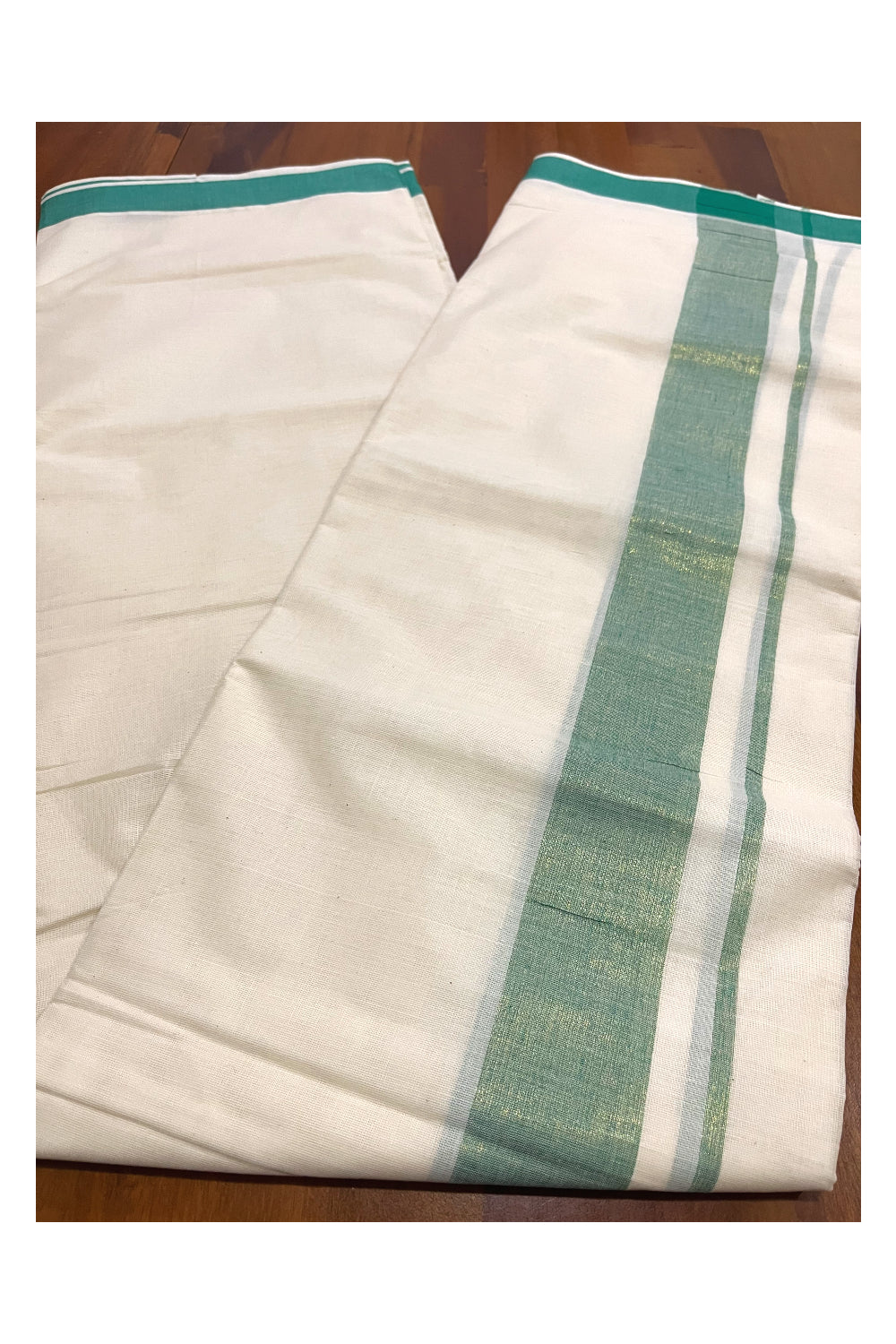 Pure Cotton Kerala Double Mundu with Green Kasavu Kara (South Indian Kerala Dhoti)