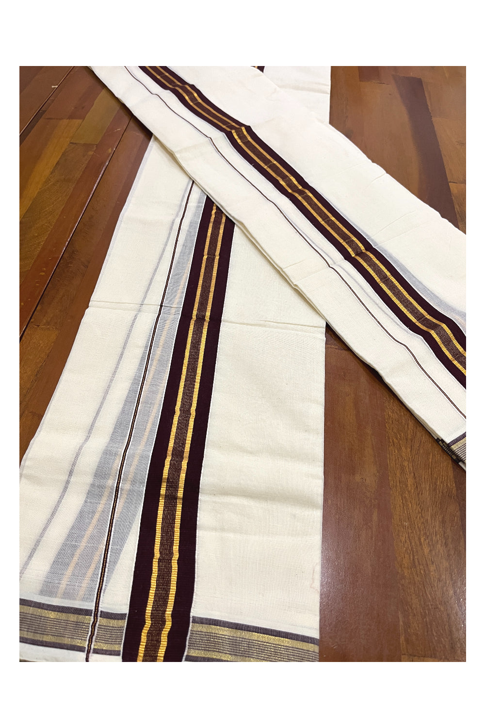 Kerala Cotton Mundum Neriyathum Single (Set Mundu) with Brown and Kasavu Border