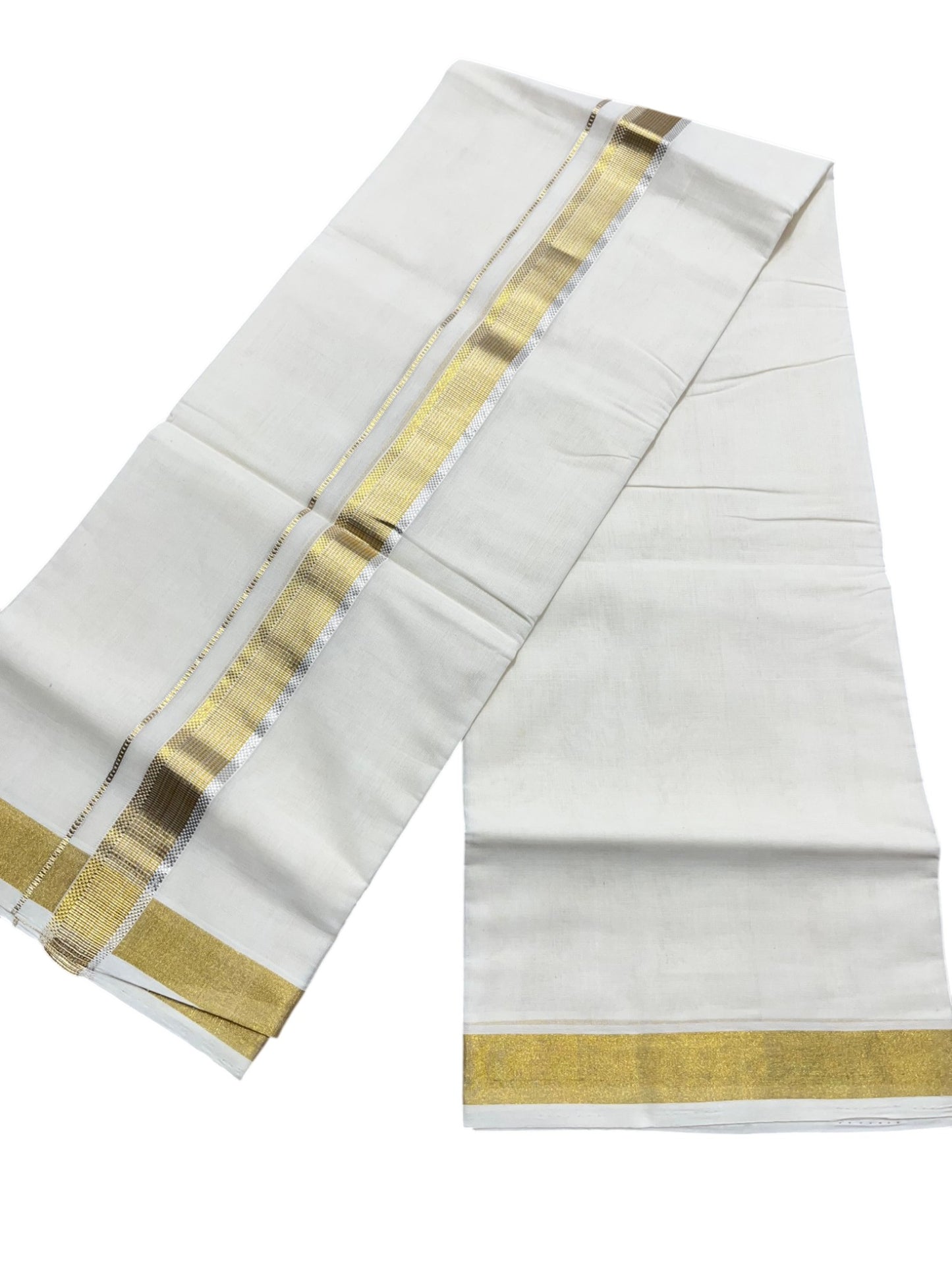 Southloom Premium Handloom Cotton Double Mundu with Gold and Silver Kasavu Border