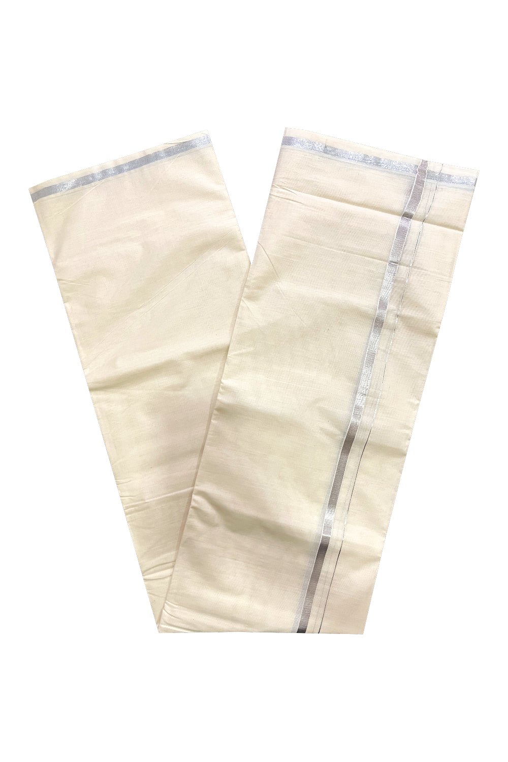 Off White Kerala Cotton Double Mundu with 0.5 inch Silver Kasavu Border (South Indian Kerala Dhoti)