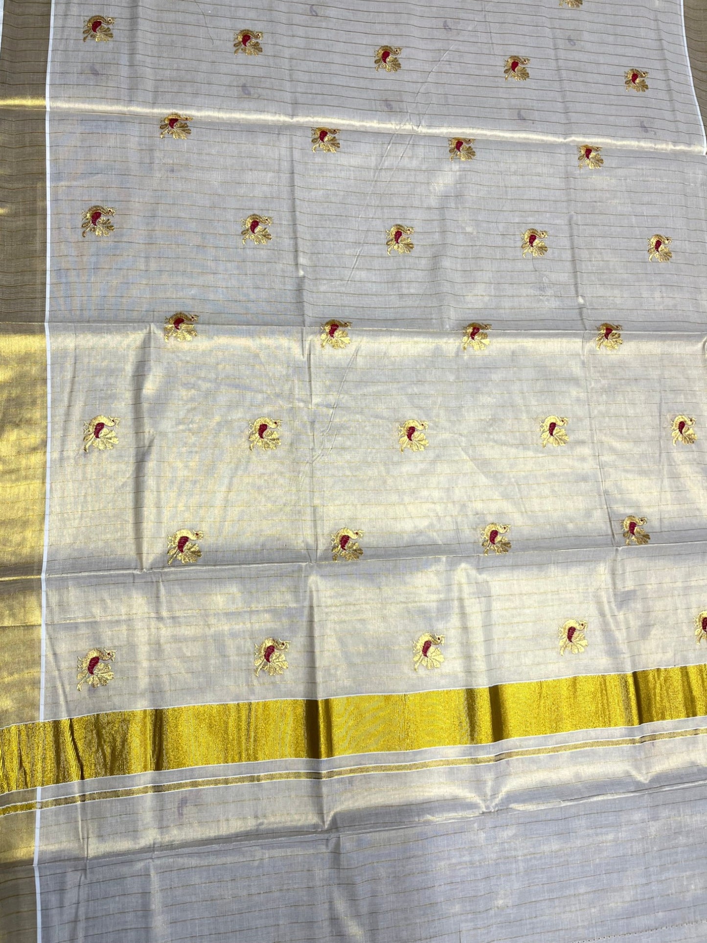 Southloom Tissue Kerala Kasavu Lines Saree with Peacock Embroidery Work on Body in Maroon