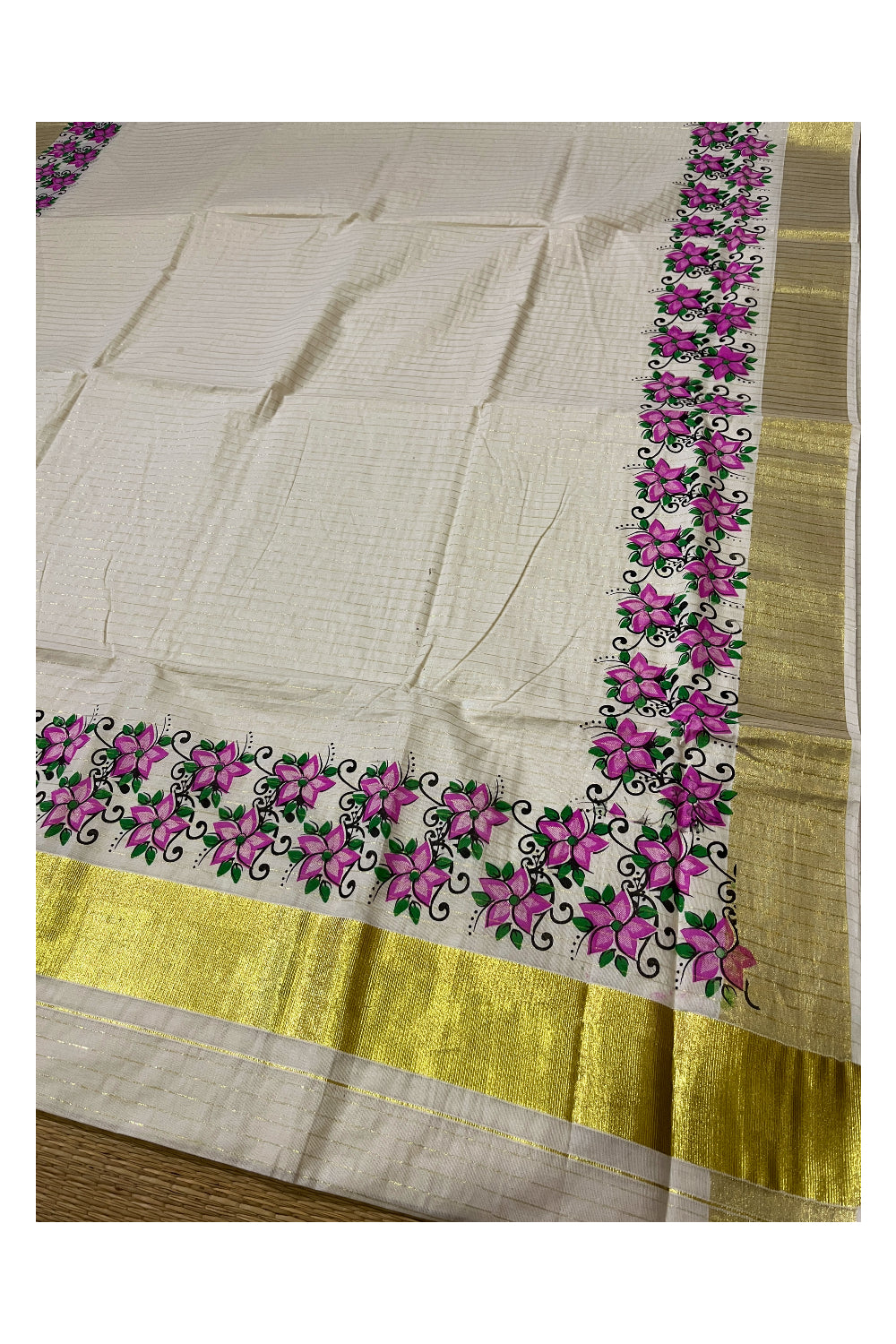 Southloom Onam 2023 Special Magenta Floral Printed Lines Kasavu Saree