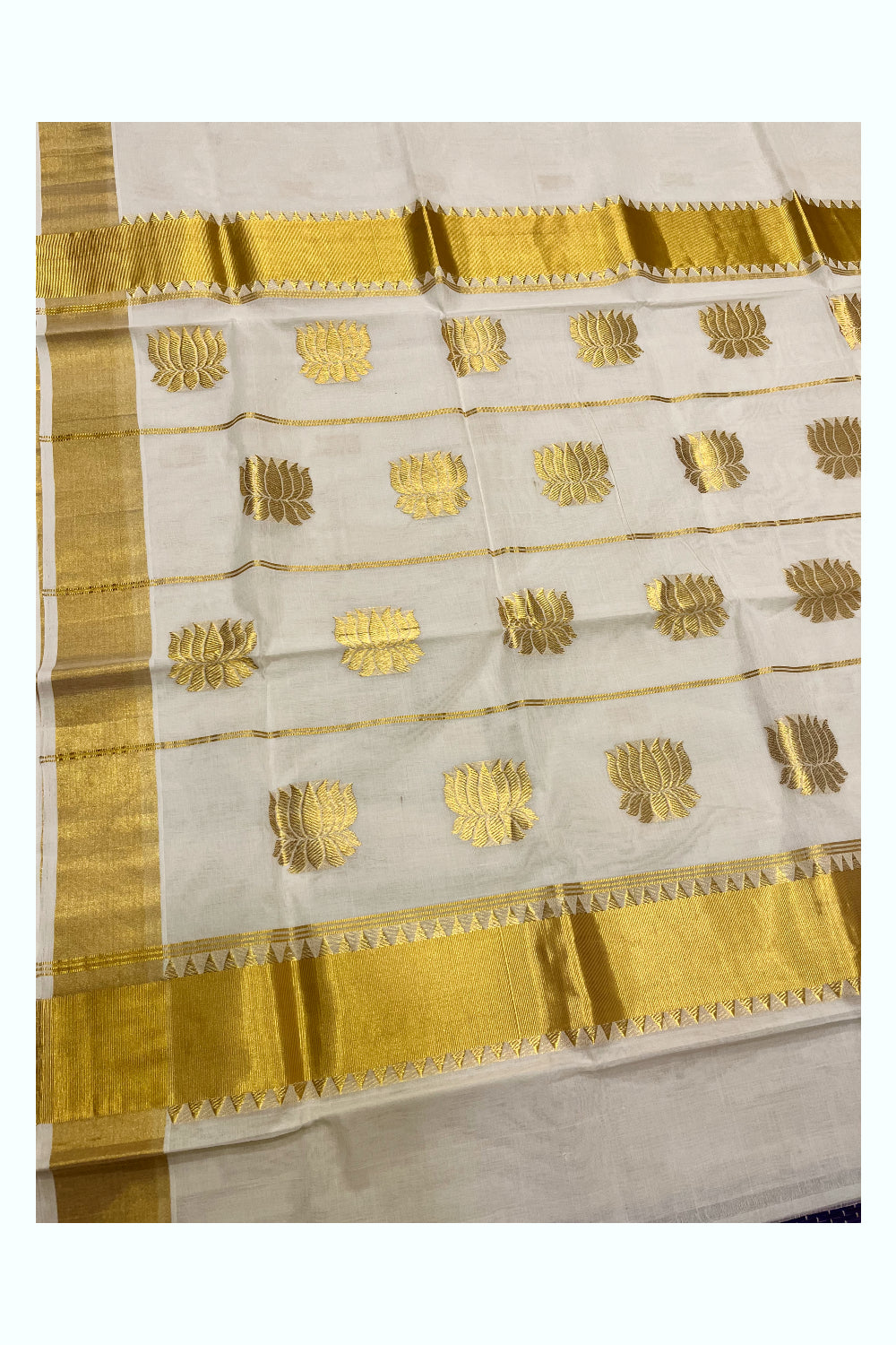 Southloom Premium Handloom Cotton Kasavu Saree with Lotus Woven Designs (Vishu 2024 Collection)