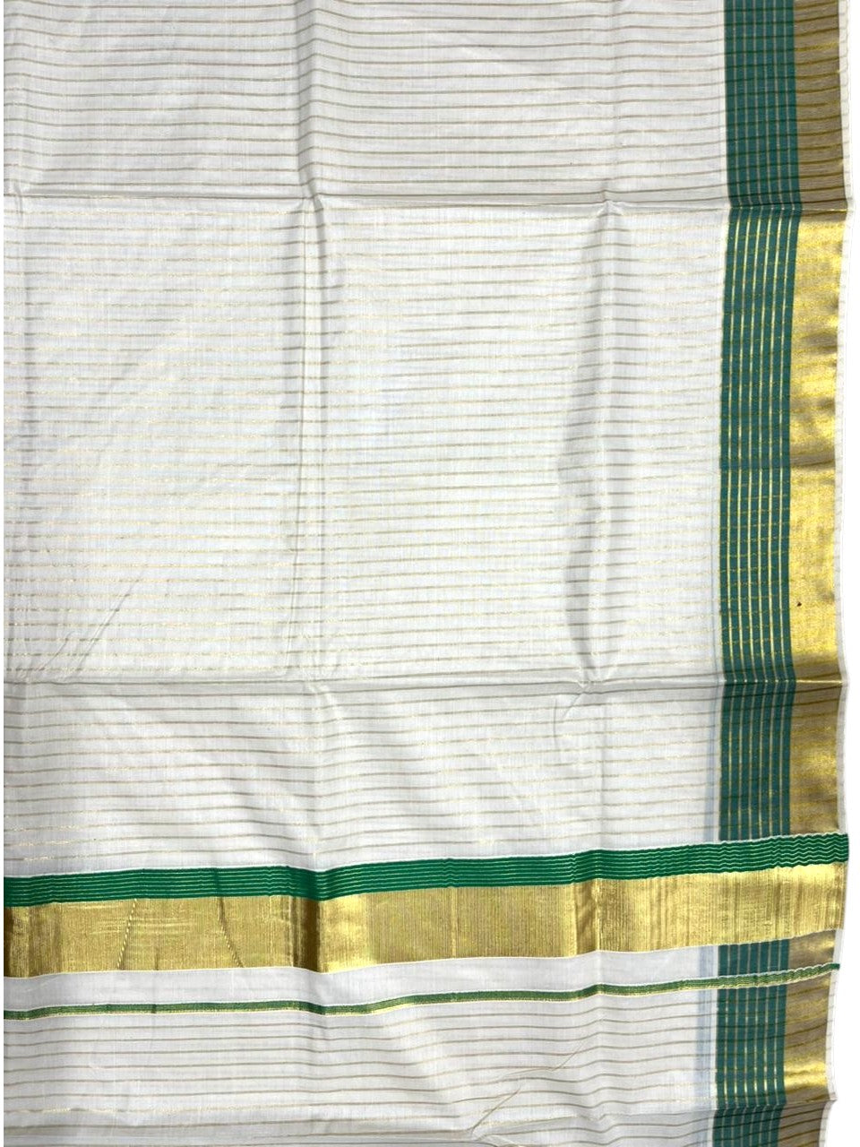 Southloom Pure Cotton Kerala Kasavu Lines Design Saree with Green Border
