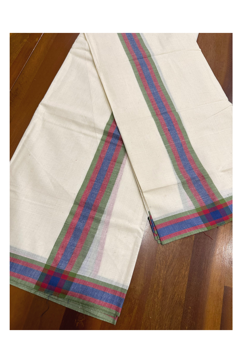 Kerala Mulloth Soft Cotton Mundum Neriyathum Single with Green Red and Blue Border (Onam Set Mundu 2023)