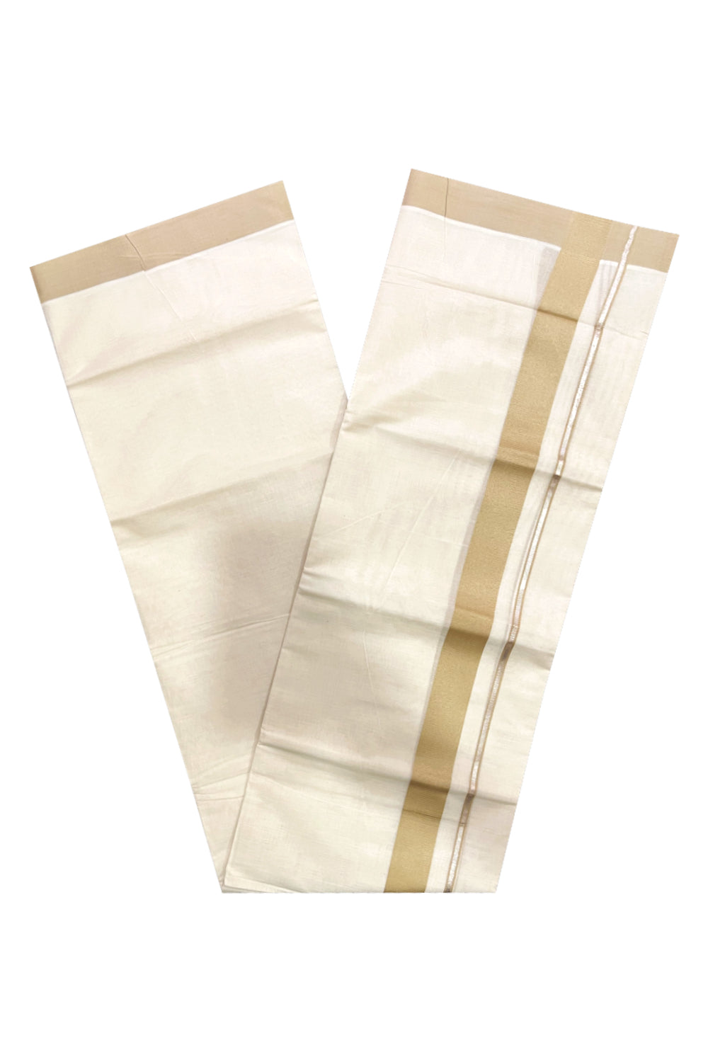 Pure Cotton Double Mundu with Silver Kasavu and Light Brown Border (South Indian Kerala Dhoti)