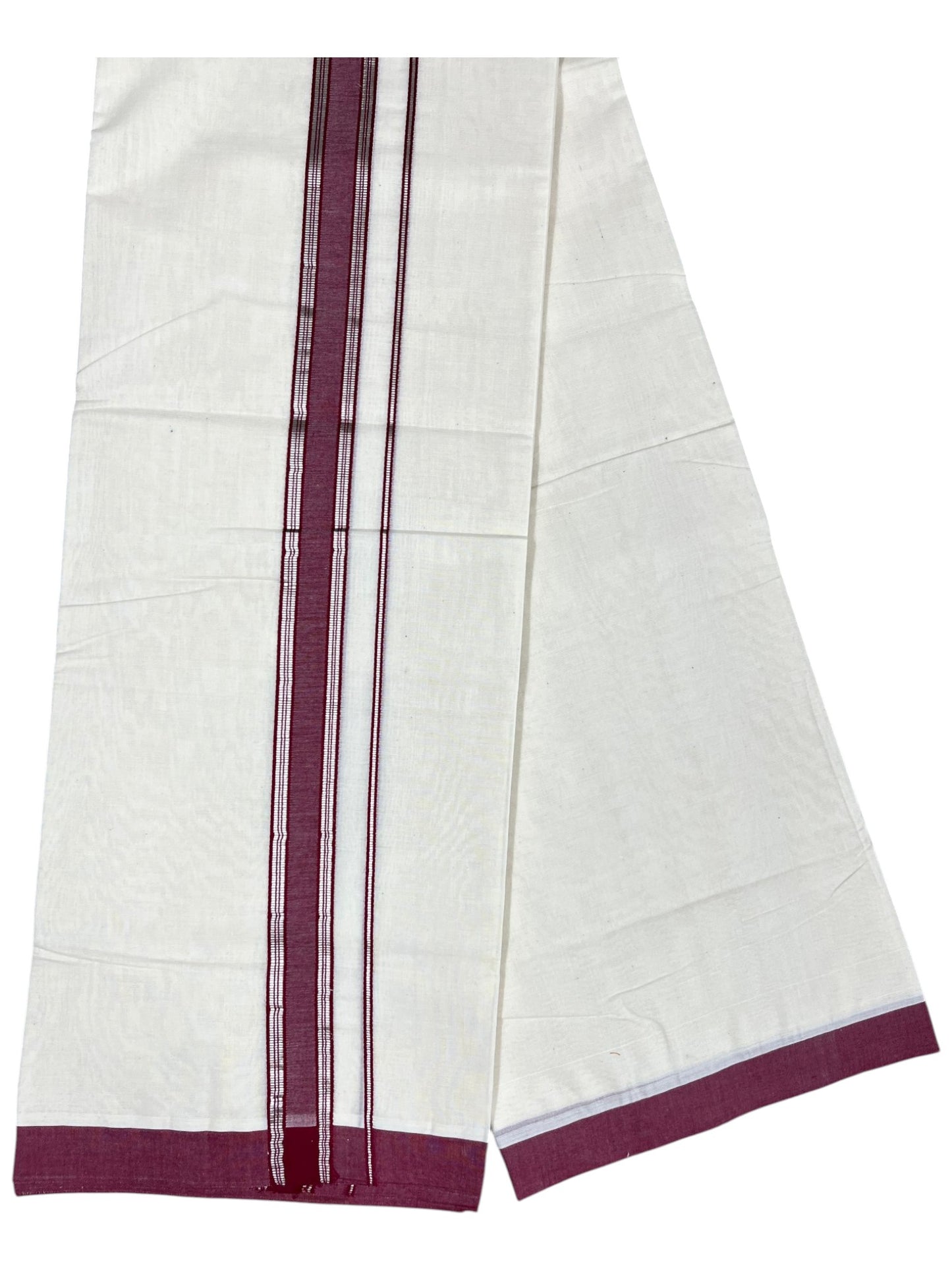 Southloom Pure Cotton Mundu with Silver Lines and Maroon Border (South Indian Kerala Dhoti)