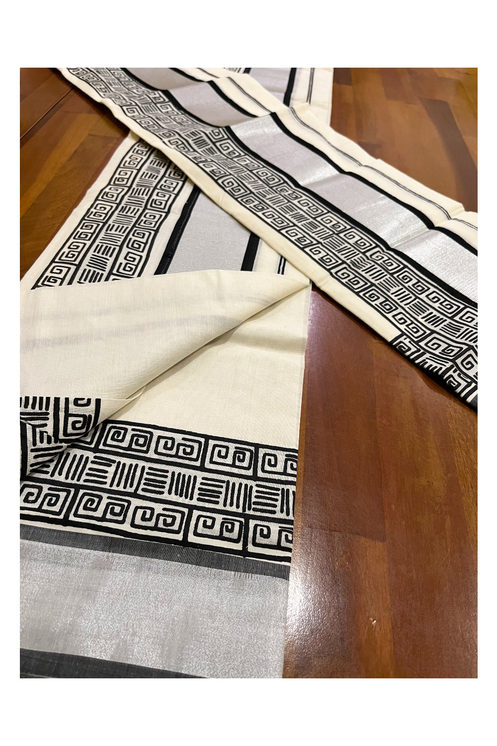 Pure Cotton Kerala Single Set Mundu (Mundum Neriyathum) with Black Block Printed Silver Kasavu Border