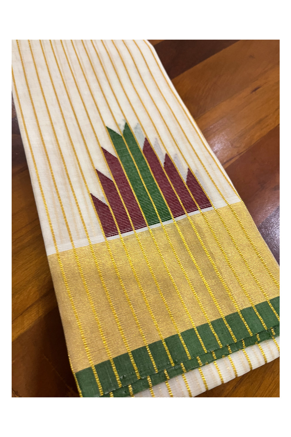 Southloom™ Premium Handloom Cotton Kasavu Saree with Maroon Olive Green Temple Woven Border and Stripes Work on Pallu