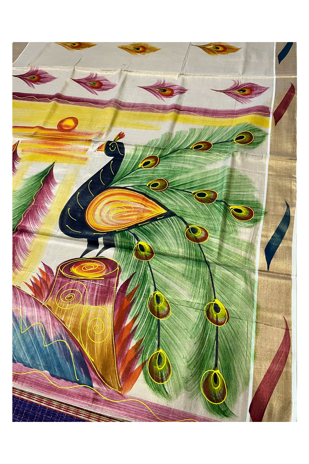 Kerala Tissue Kasavu Saree with Hand Painted Peacock Design