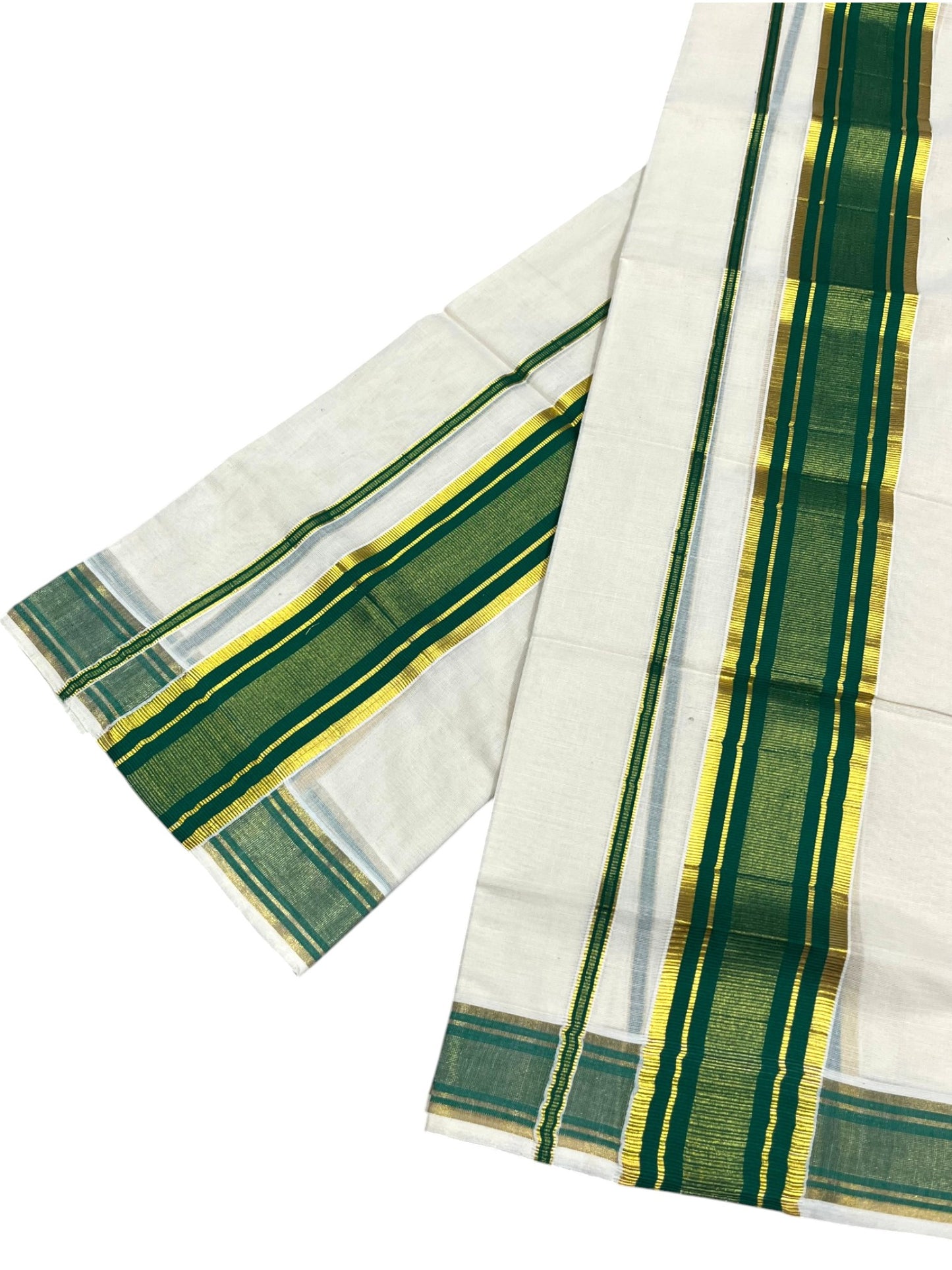 Southloom Kerala Cotton Kasavu Single Set Mundu (Mundum Neriyathum) with Green Kasavu Border SLKK