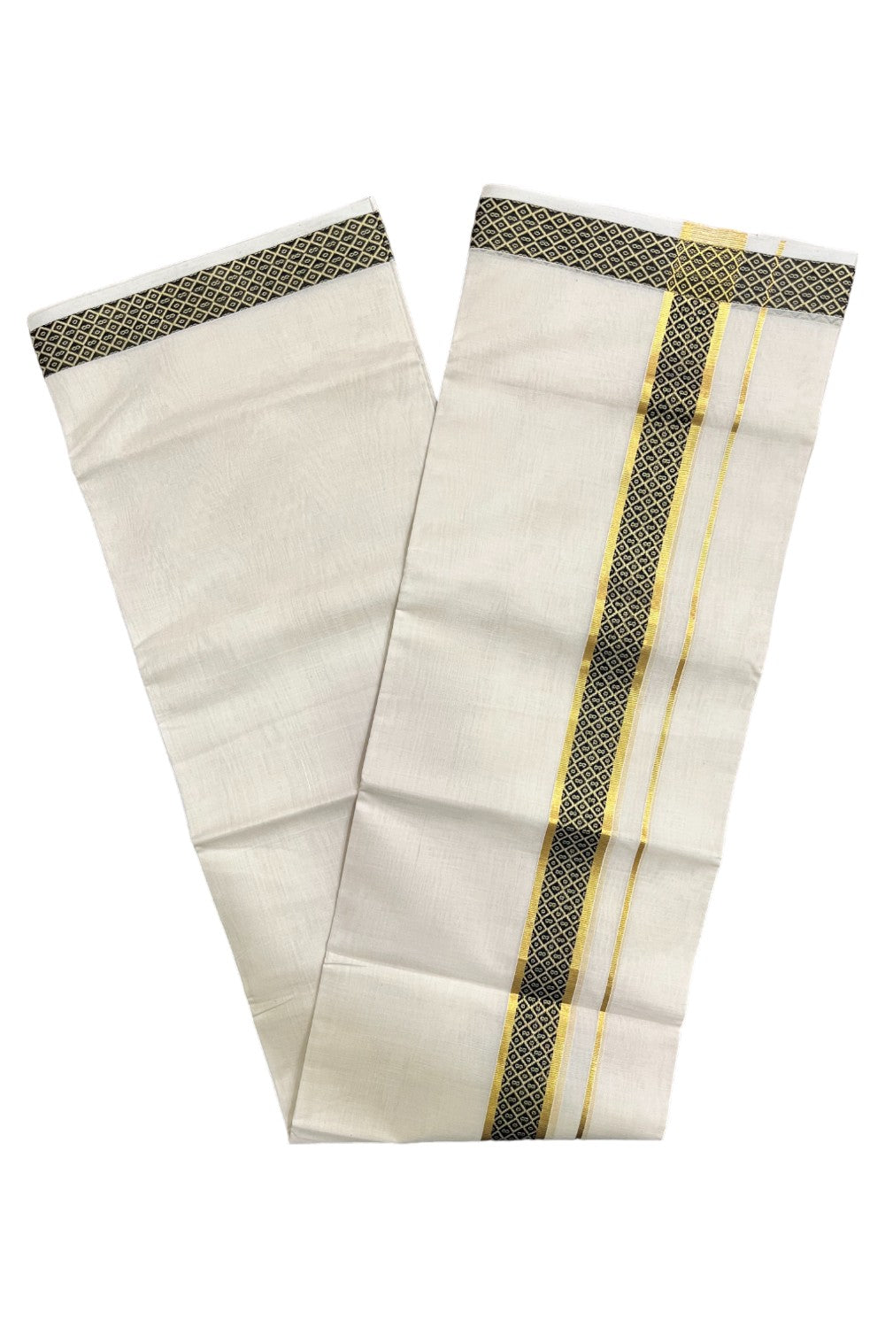 Premium Balaramapuram Handloom Unakkupaavu Cotton Double Mundu with Kasavu and Black Design Border (Vishu 2024 Collection)