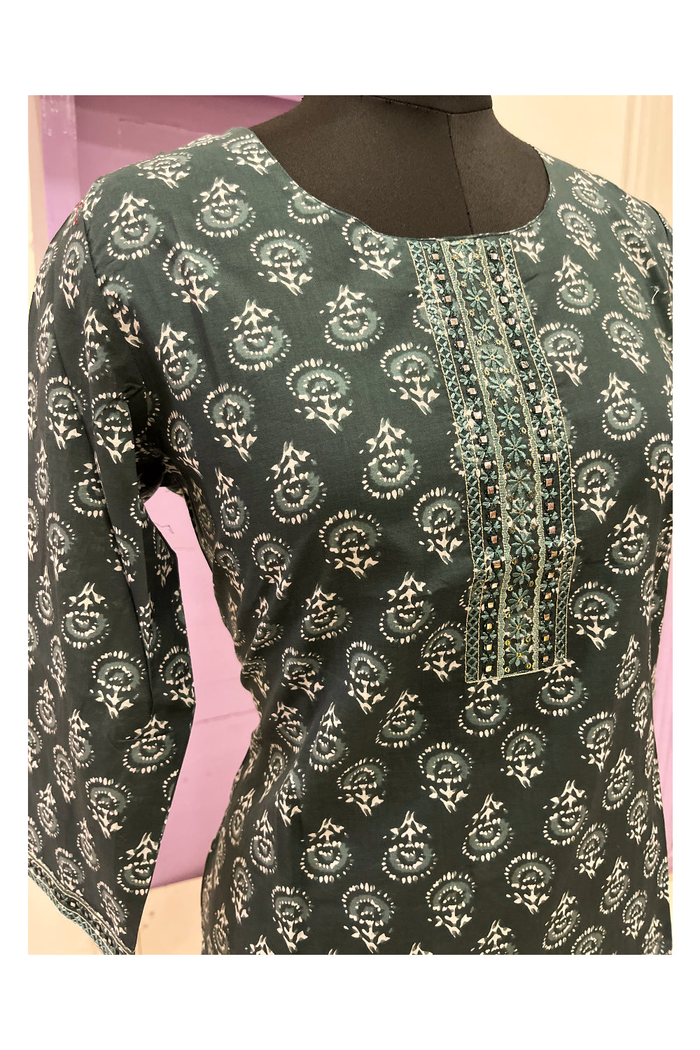 Southloom Stitched Cotton Salwar Set in Dark Green and Floral Prints