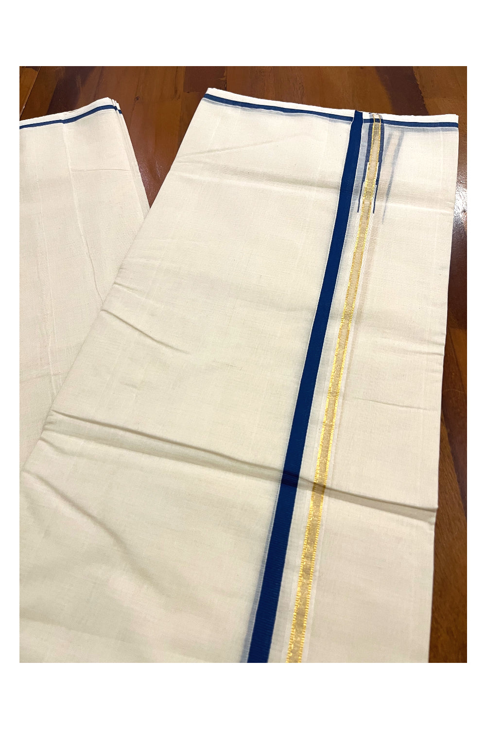 Southloom Premium Handloom Pure Cotton Mundu with Blue Puliyilakkara Kasavu Border (South Indian Kerala Dhoti)