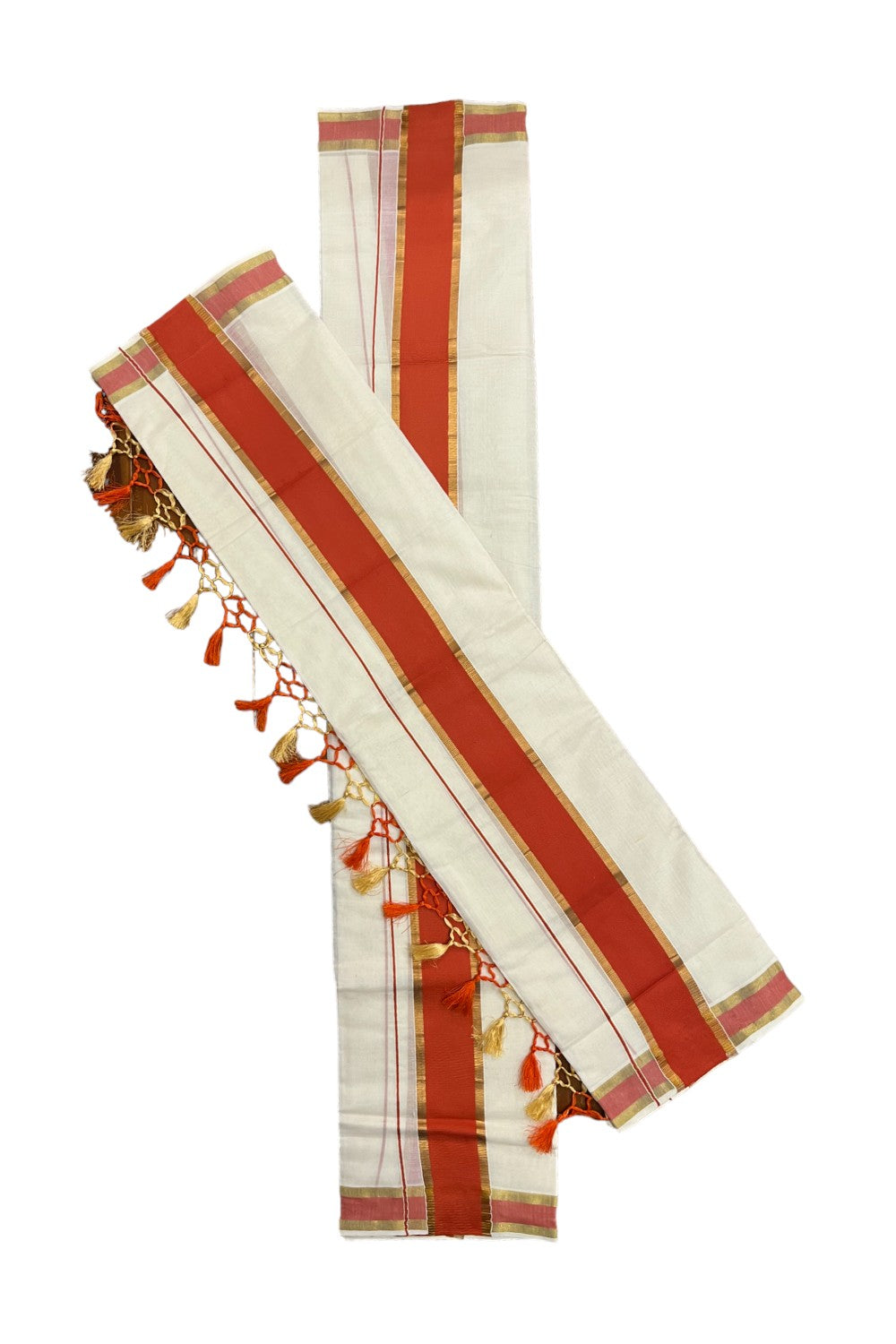 Cotton Kerala Set Mundu (Mundum Neriyathum) with Orange and Kasavu Border and Tassels