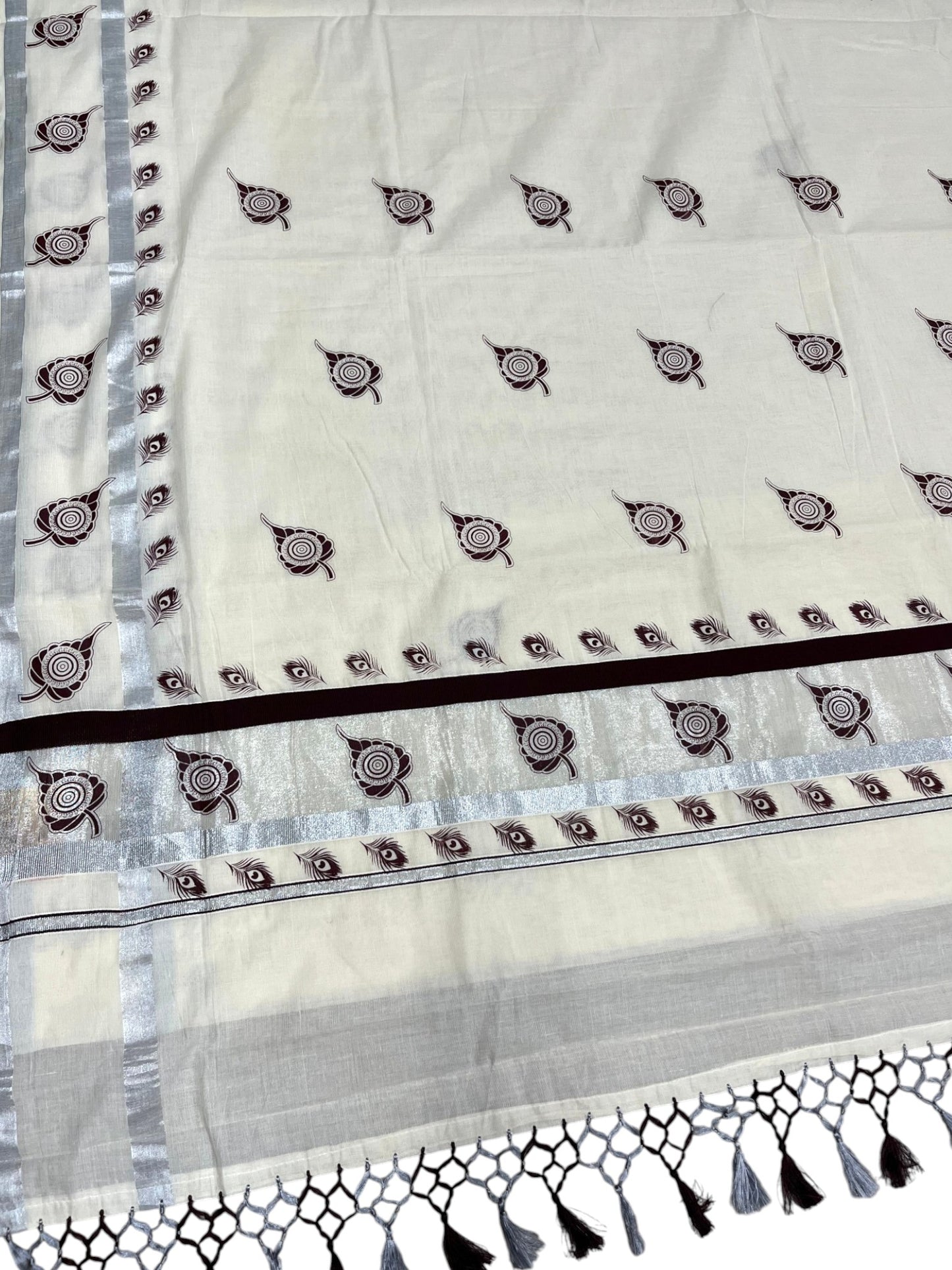 Southloom Kerala Cotton Silver Kasavu Saree with Peacock Feather and Leaf Printed Designs