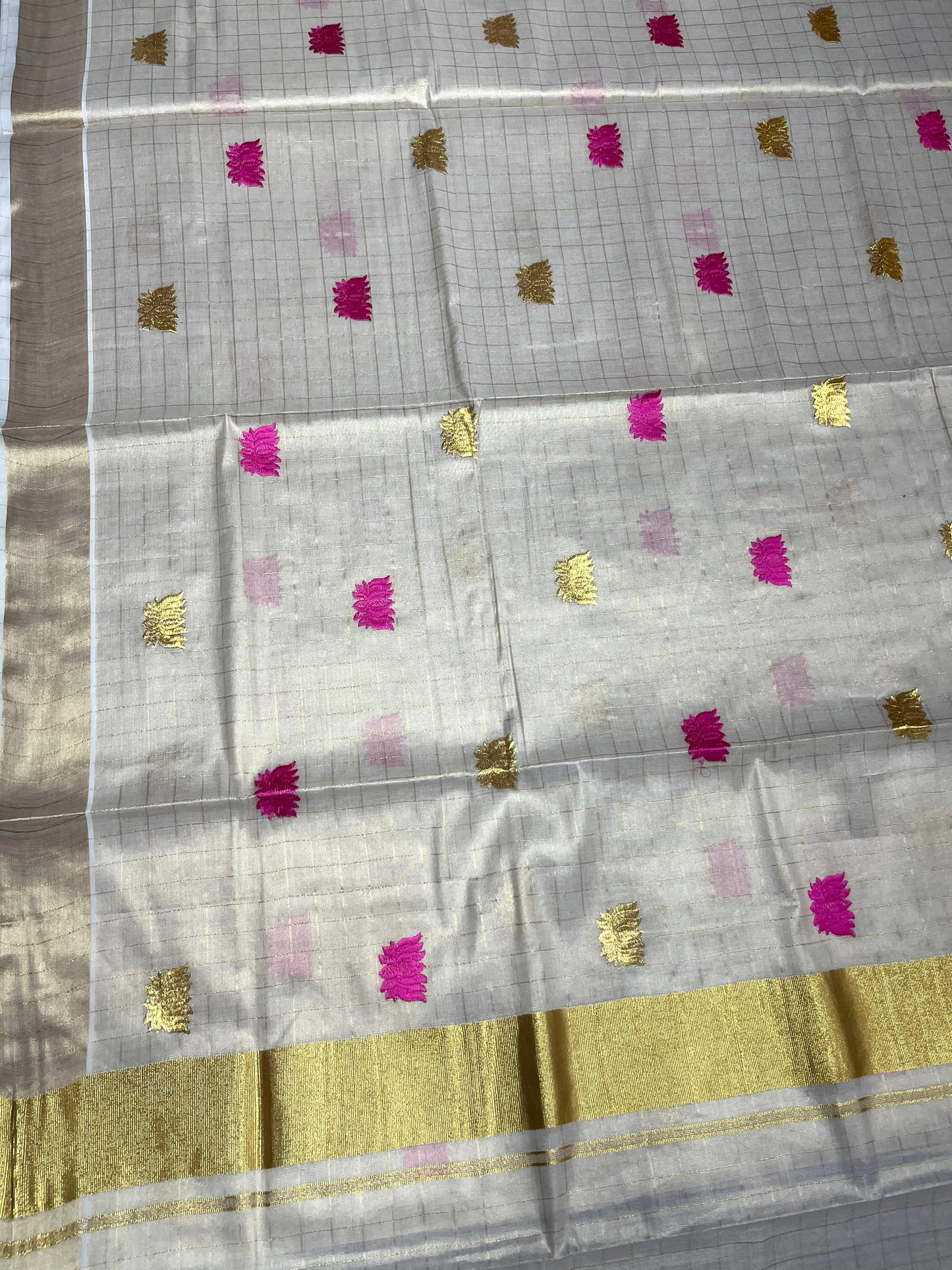 Southloom Kerala Tissue Kasavu Check Saree with Pink Lotus Embroidery Works SL524