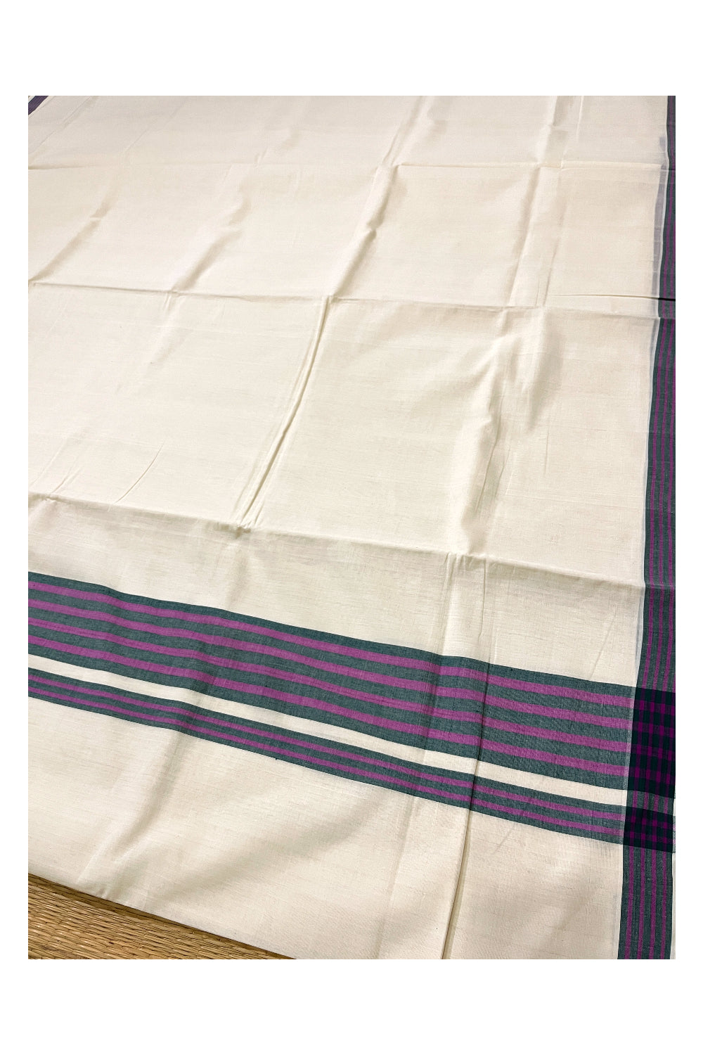 Southloom Premium Handloom Cotton Kerala Saree with Green and Magenta Border