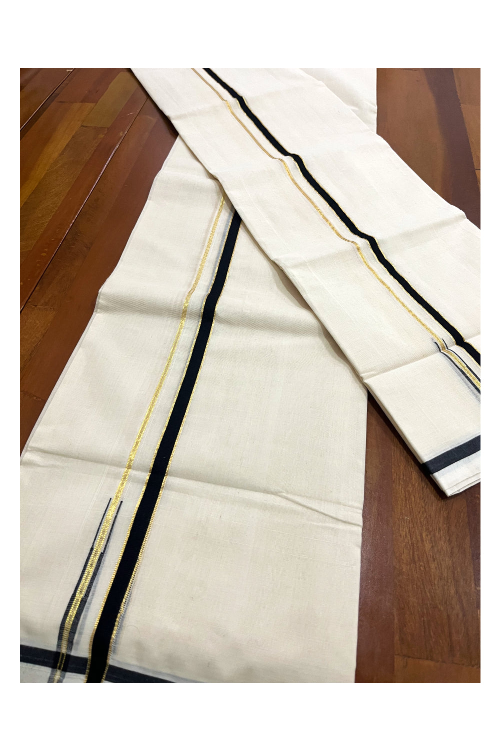 Southloom Premium Handloom Double Set Mundu (Mundum Neriyathum) with Black Puliyilakkara Kasavu Chutti Border