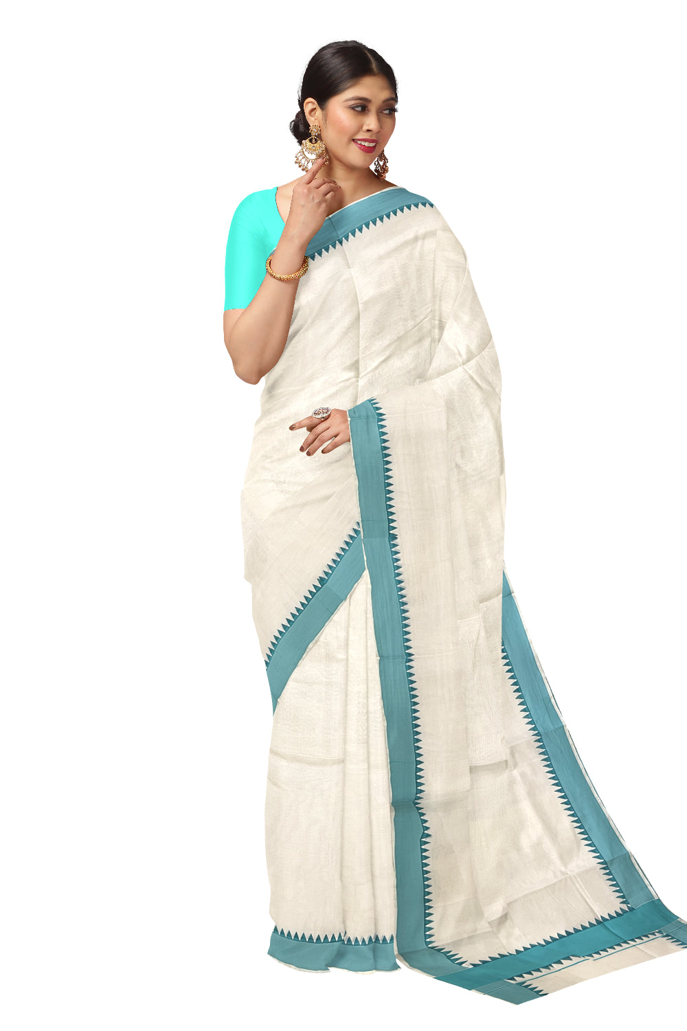 Kerala Pure Cotton Saree with Turquoise Temple Block Prints on Border