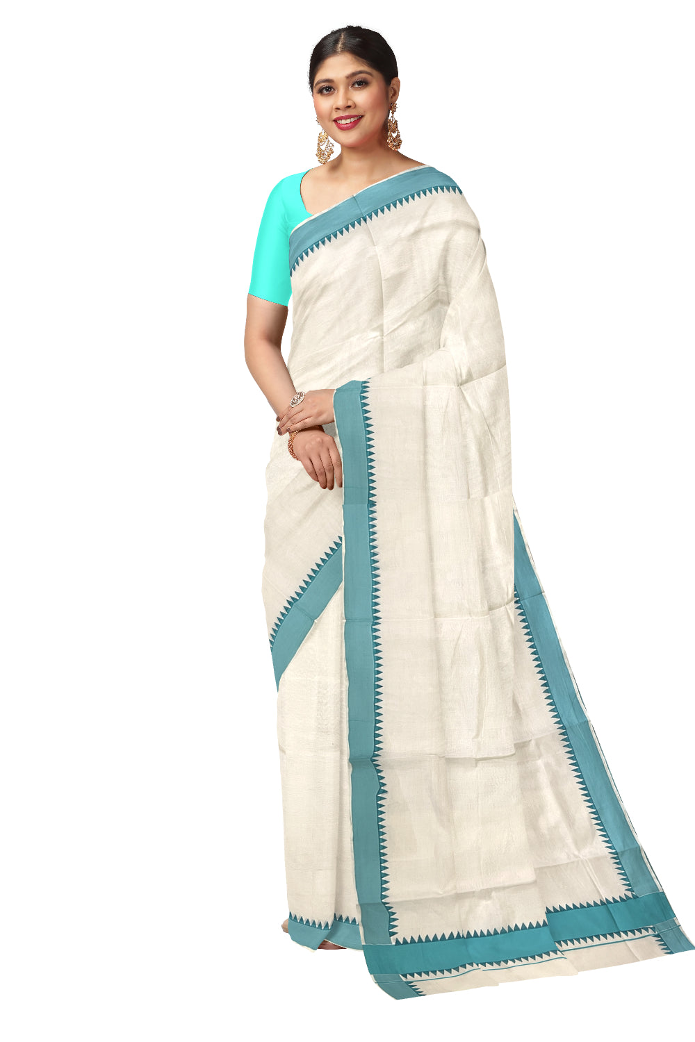 Kerala Pure Cotton Saree with Turquoise Temple Block Prints on Border