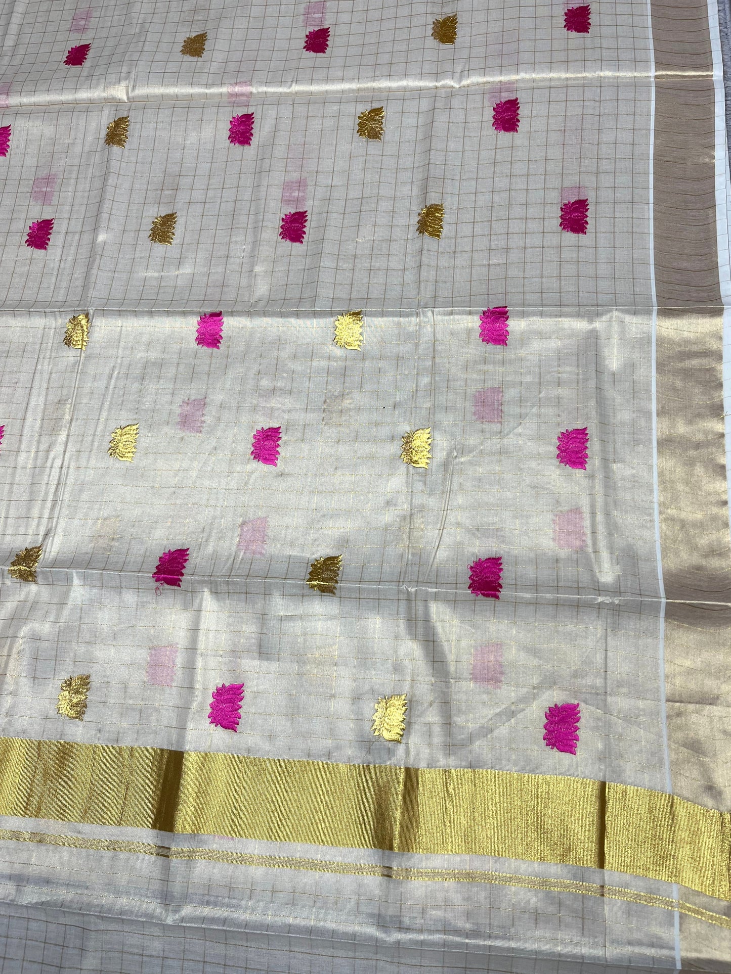 Southloom Kerala Tissue Kasavu Check Saree with Pink Lotus Embroidery Works SL524