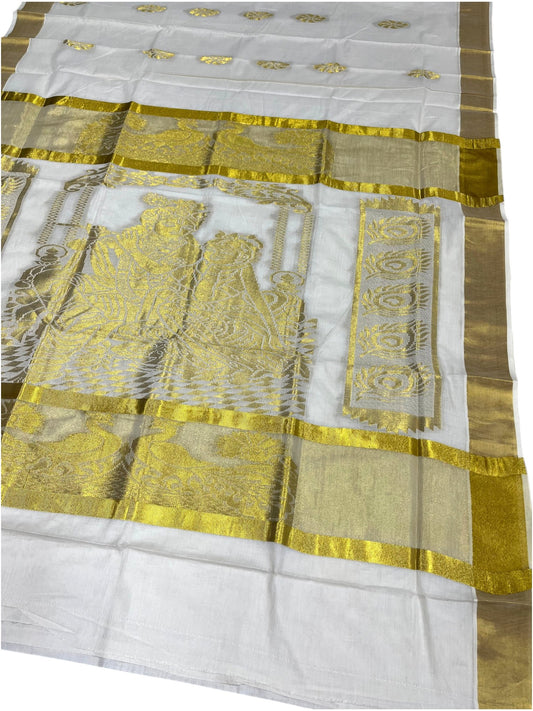 Southloom Pure Cotton Kerala Kasavu Heavy Work Saree with Krishna & Radha Paisley Woven Design