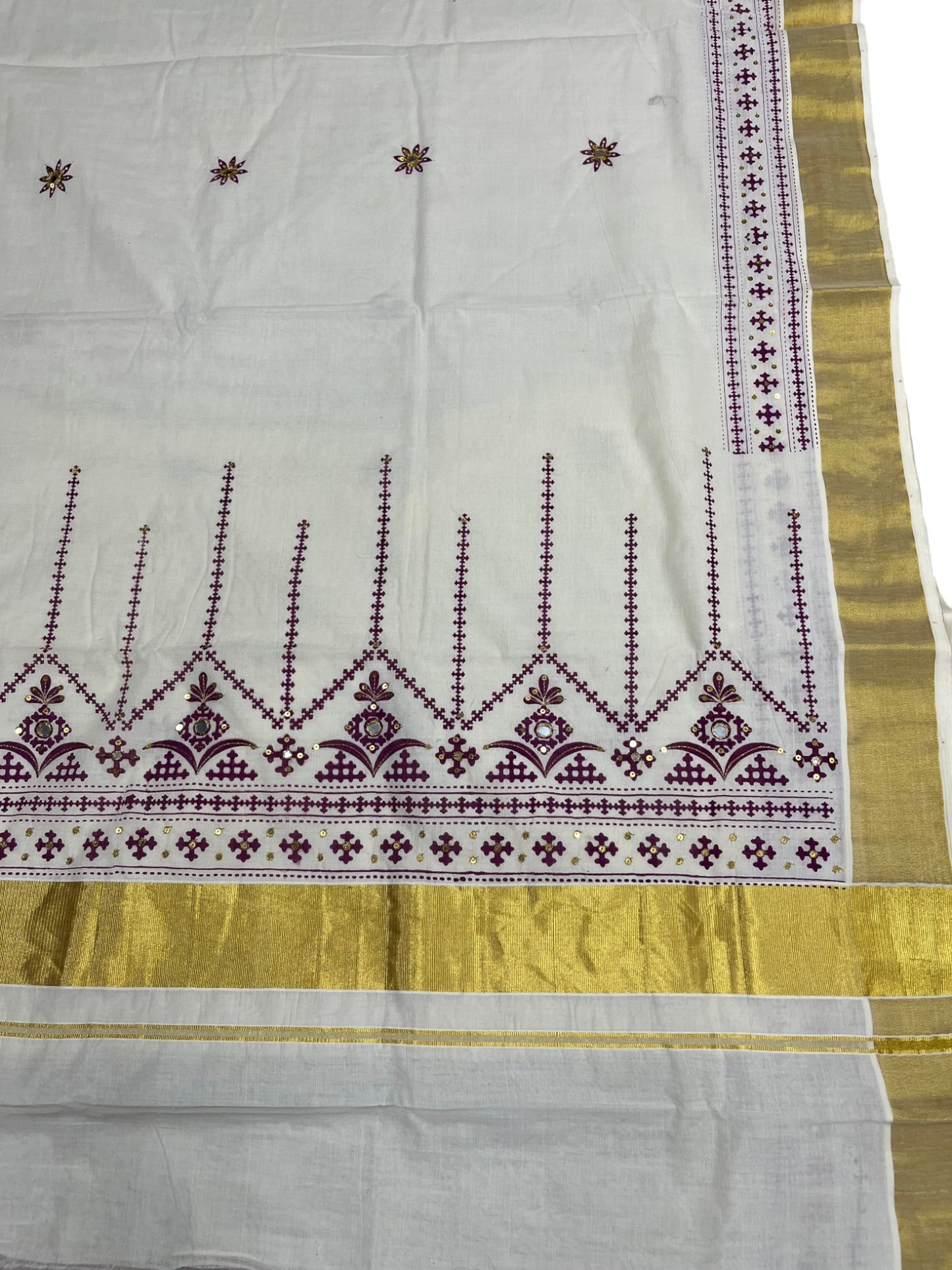 Southloom Pure Cotton Kerala Kasavu Saree with Maroon Embroidery Designs