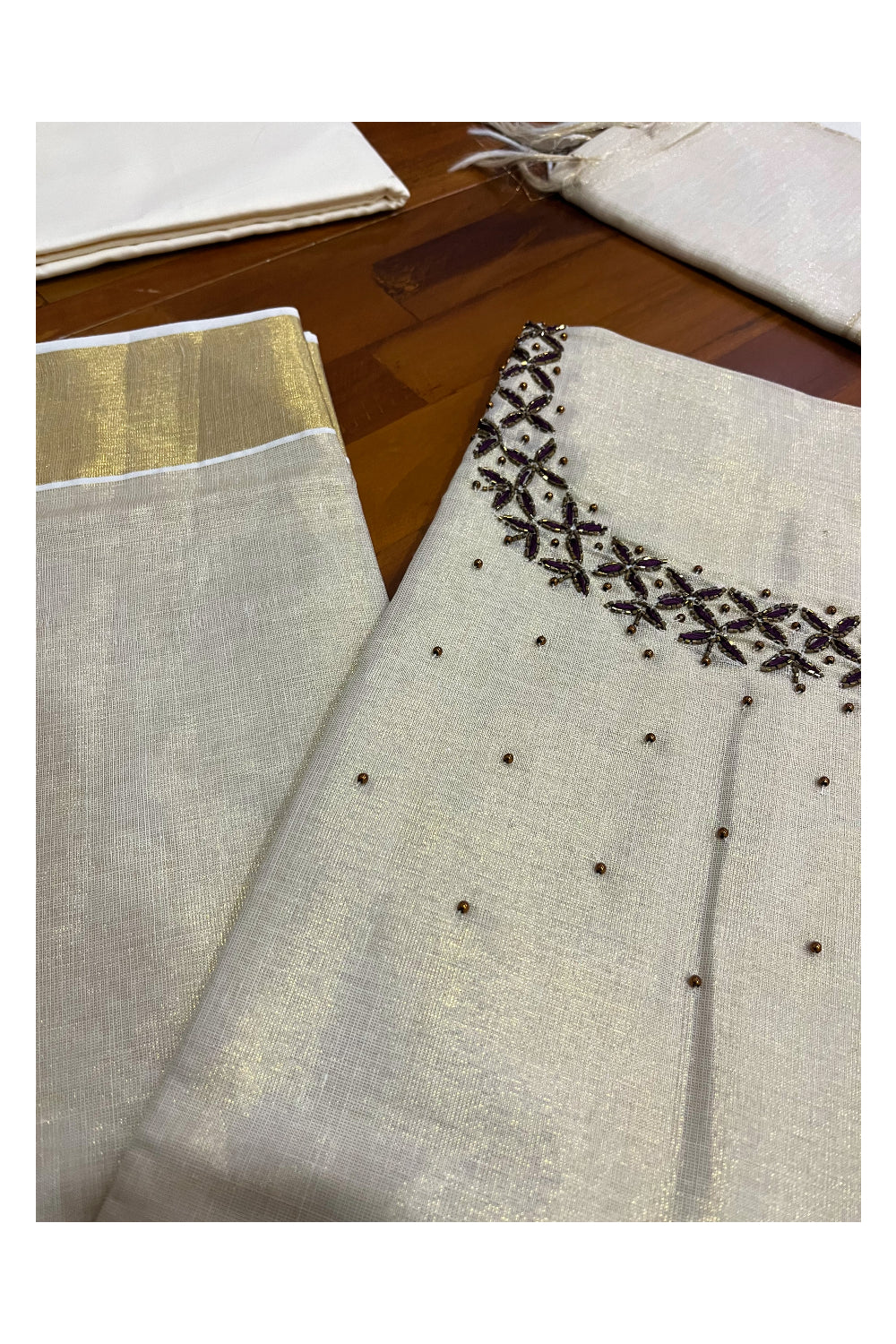 Kerala Tissue Churidar Salwar Material with Bead Work Designs (include Shawl / Dupatta)