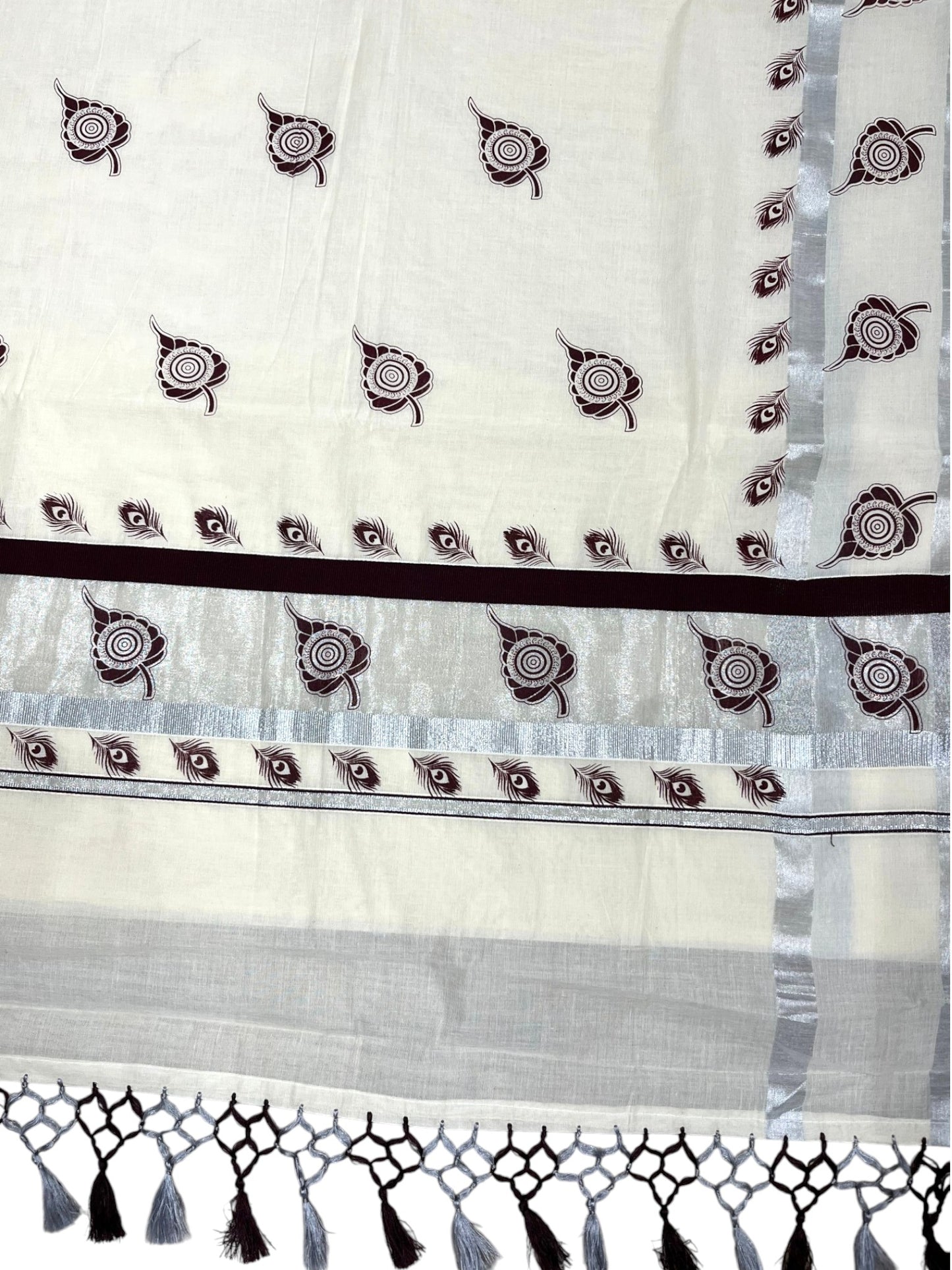 Southloom Kerala Cotton Silver Kasavu Saree with Peacock Feather and Leaf Printed Designs
