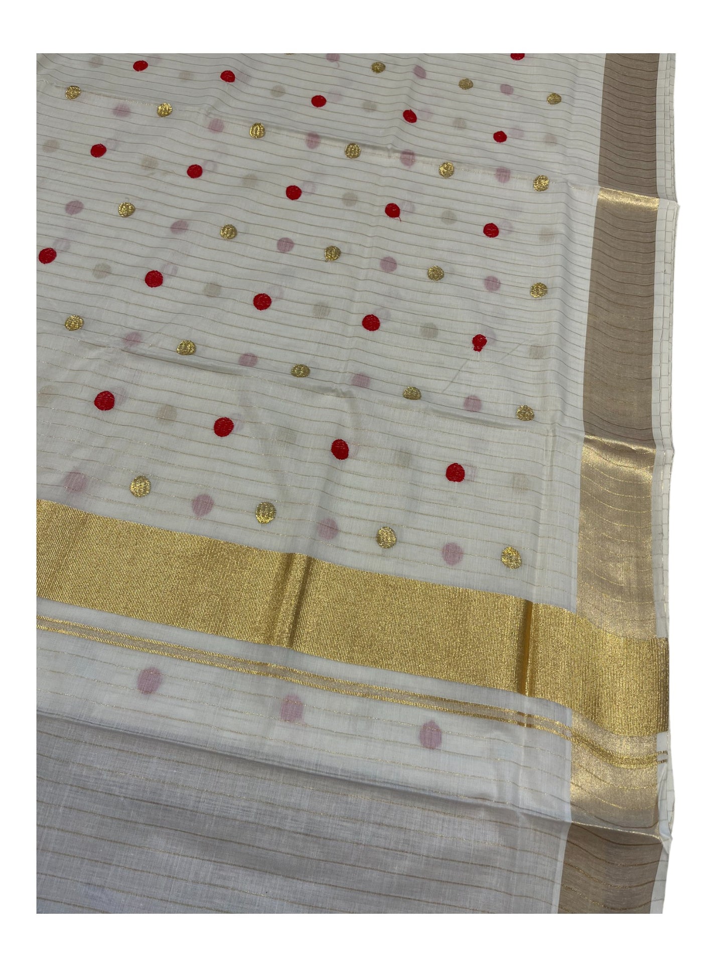 Southloom Kerala Pure Cotton Saree with Gold&Red Polka Embroidery Works on Body