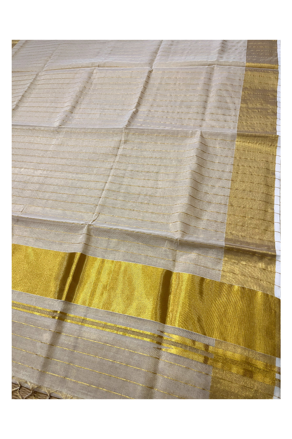 Southloom Handloom Premium Kerala Tissue Saree with Kasavu Lines Design Across Body