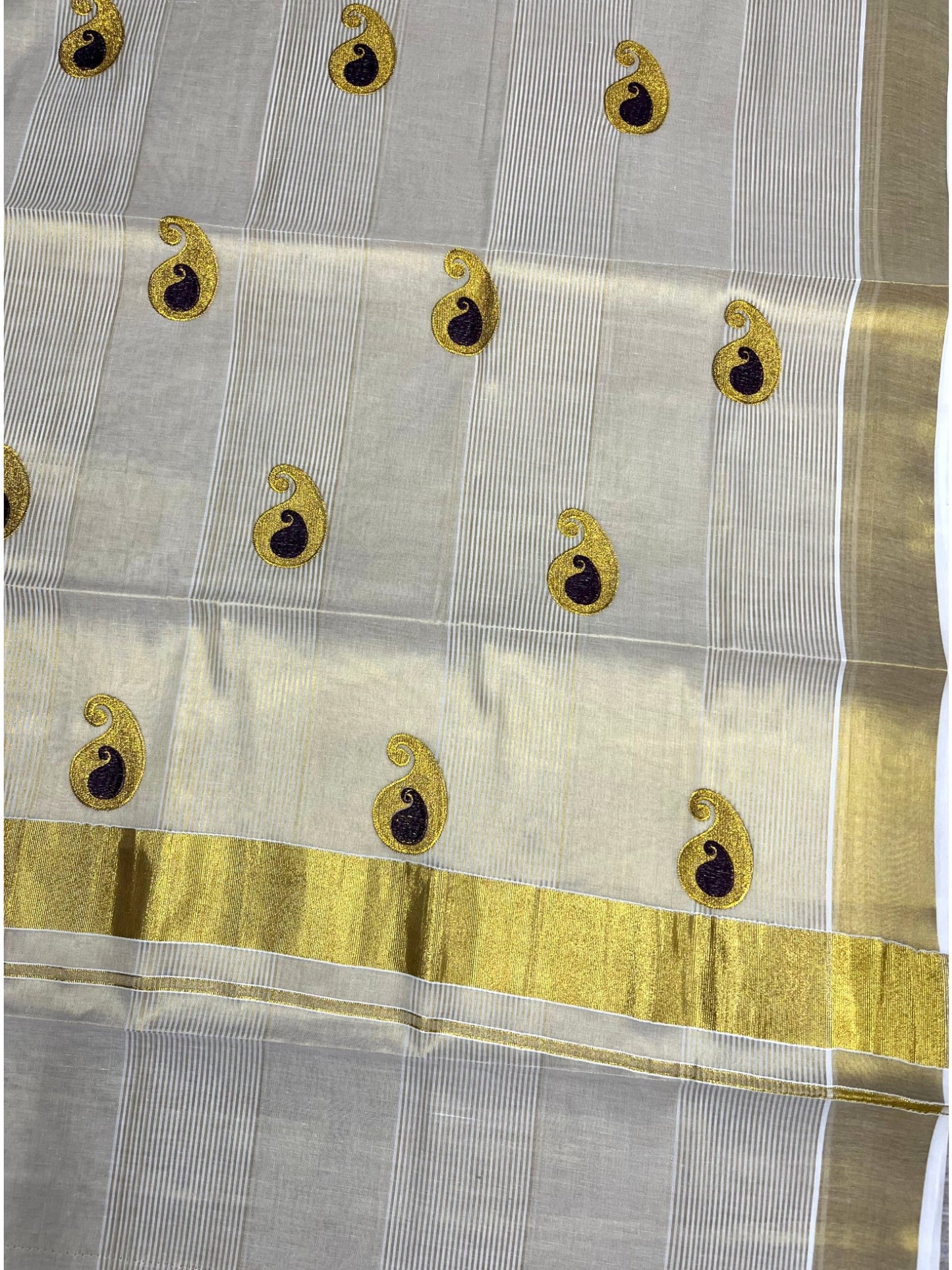 Southloom Kerala Tissue Kasavu Saree with Purple Embroidery Design