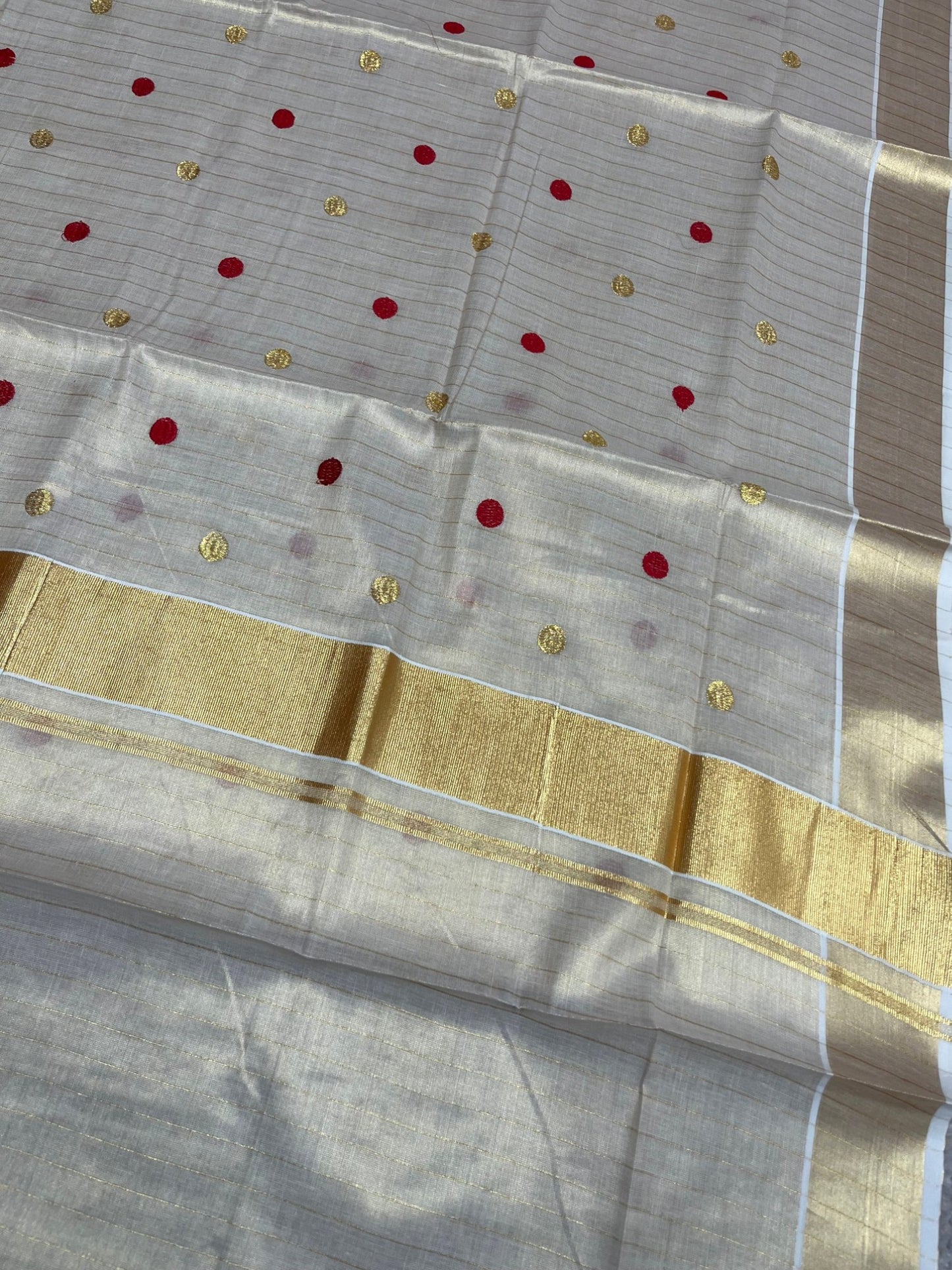 Southloom Kerala Tissue Kasavu Saree with Gold & Red Polka Embroidery Works on Body SL281