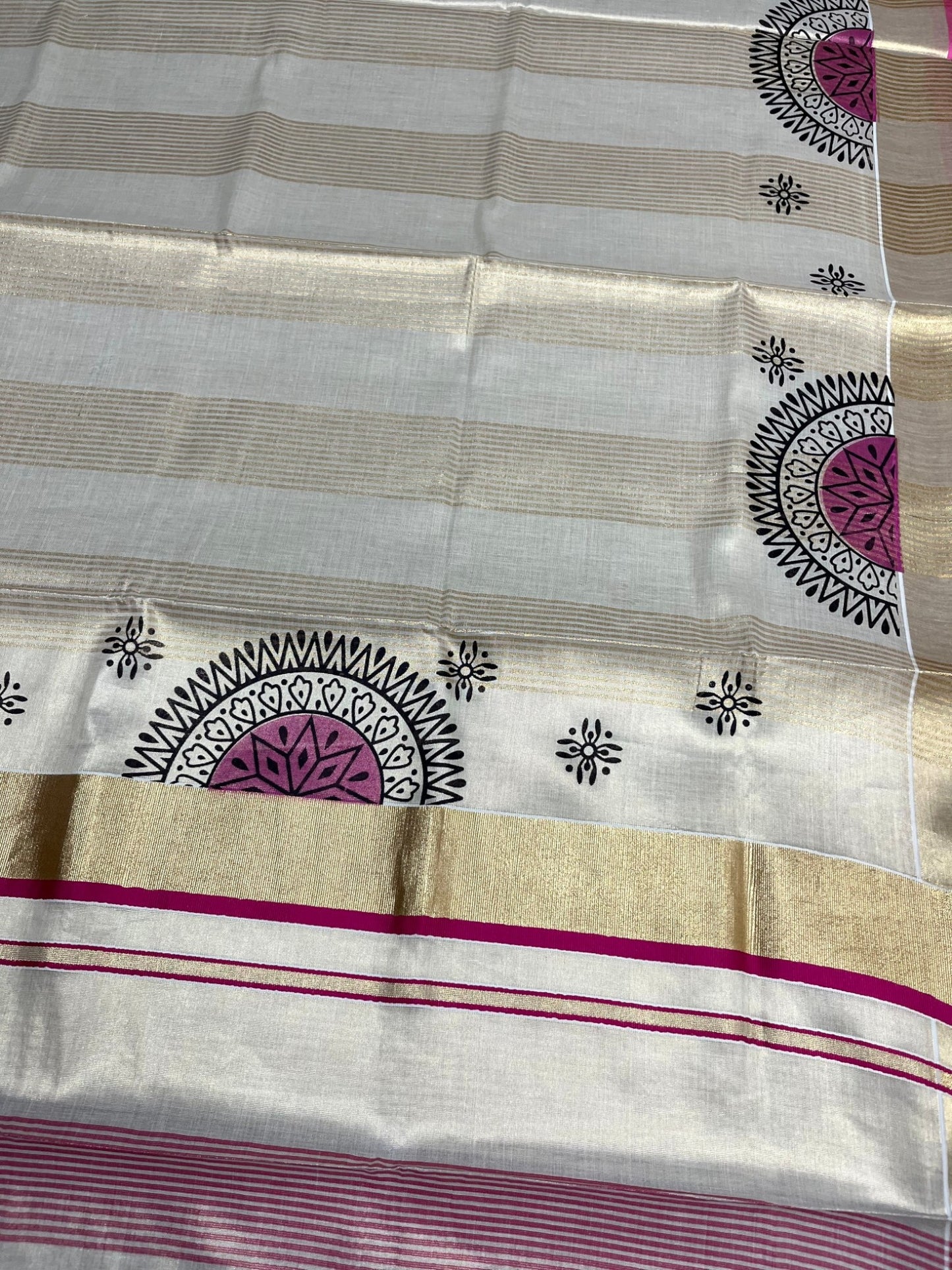 Southloom Tissue Kerala Kasavu Saree with Block Print on Body and Borders in Pink