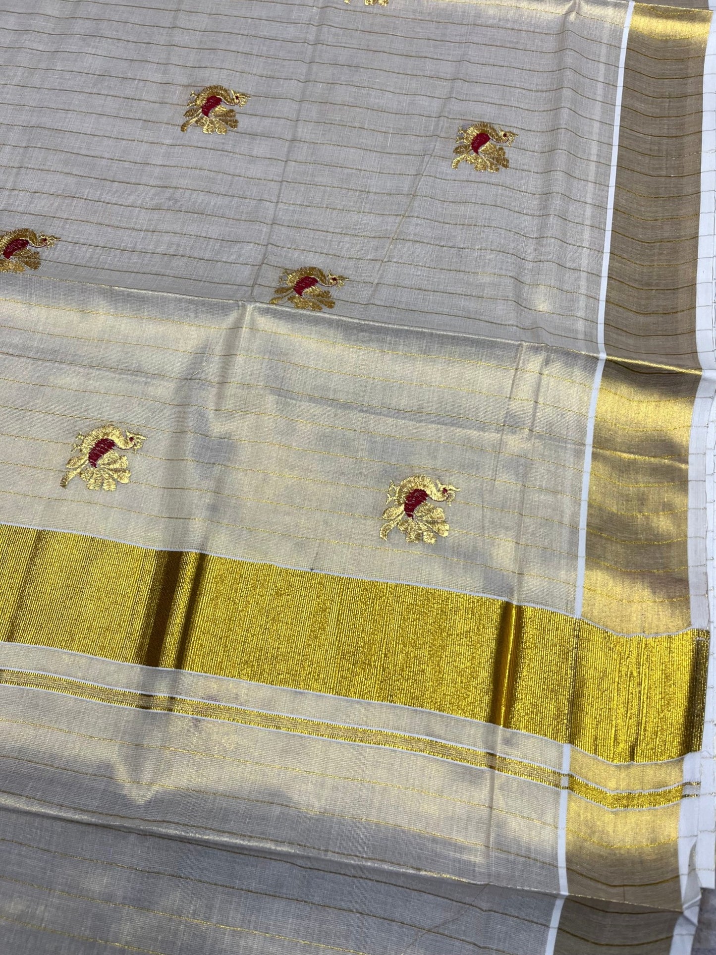Southloom Tissue Kerala Kasavu Lines Saree with Peacock Embroidery Work on Body in Maroon