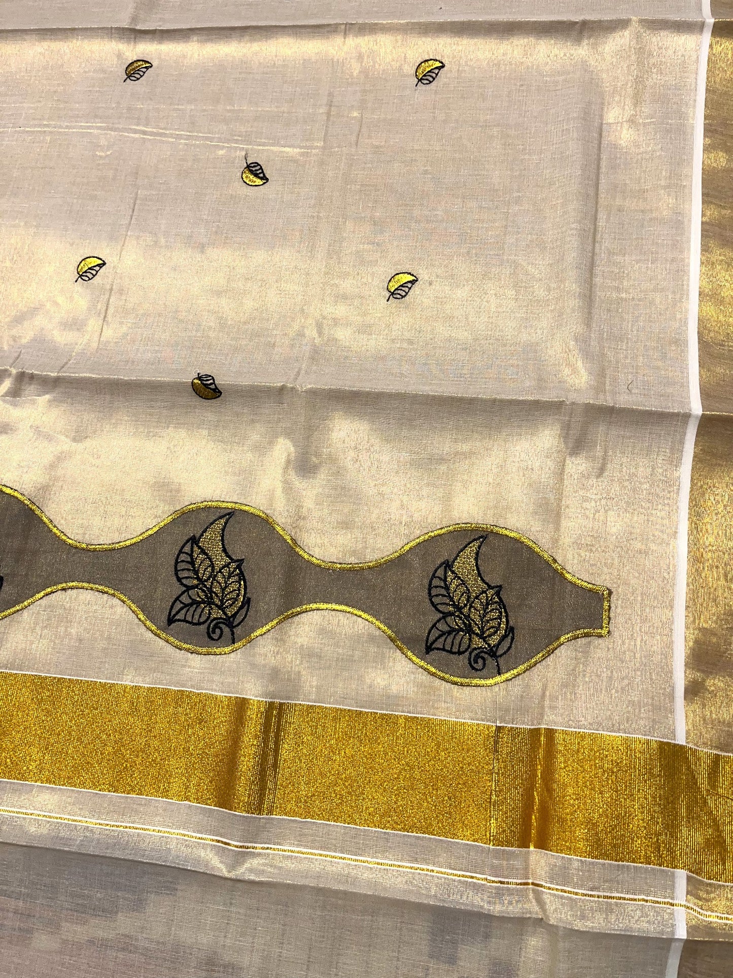 Southloom Tissue Kerala Kasavu Saree with Embroidery Design
