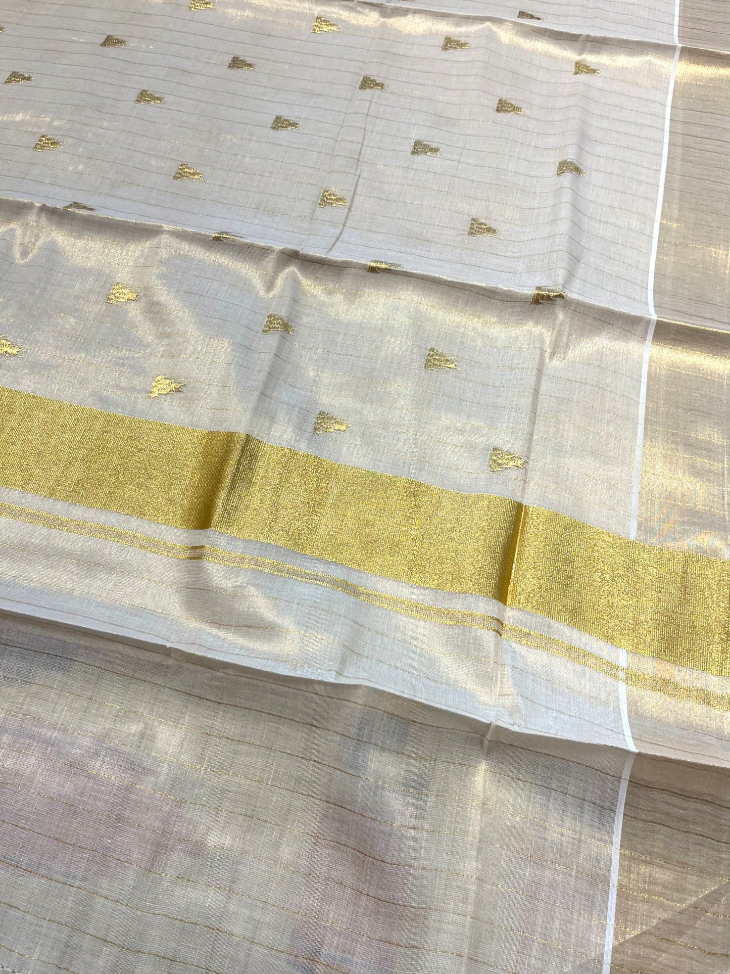 Southloom Kerala Tissue Kasavu Stripes Saree With Temple Embroidery on Body