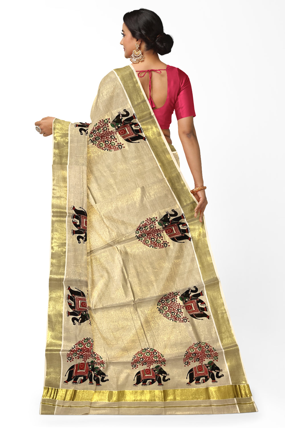 Kerala Tissue Kasavu Saree with Black and Red Elephant Mural Prints on Border and Pallu