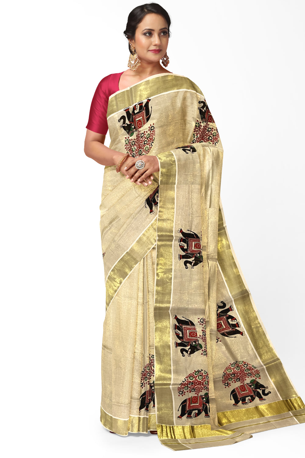 Kerala Tissue Kasavu Saree with Black and Red Elephant Mural Prints on Border and Pallu